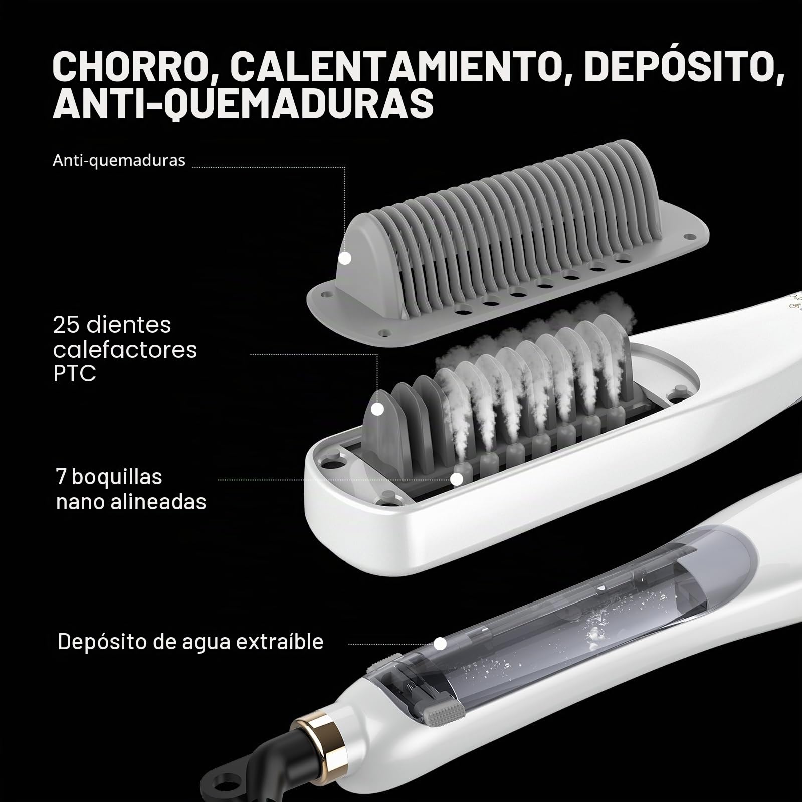 Cepillo alisador de vapor profesional para cabello, 4 temperaturas ajustables, 160 ℃-210 ℃, plancha de pelo con tecnología de vapor (blanco, cepillo de vapor)