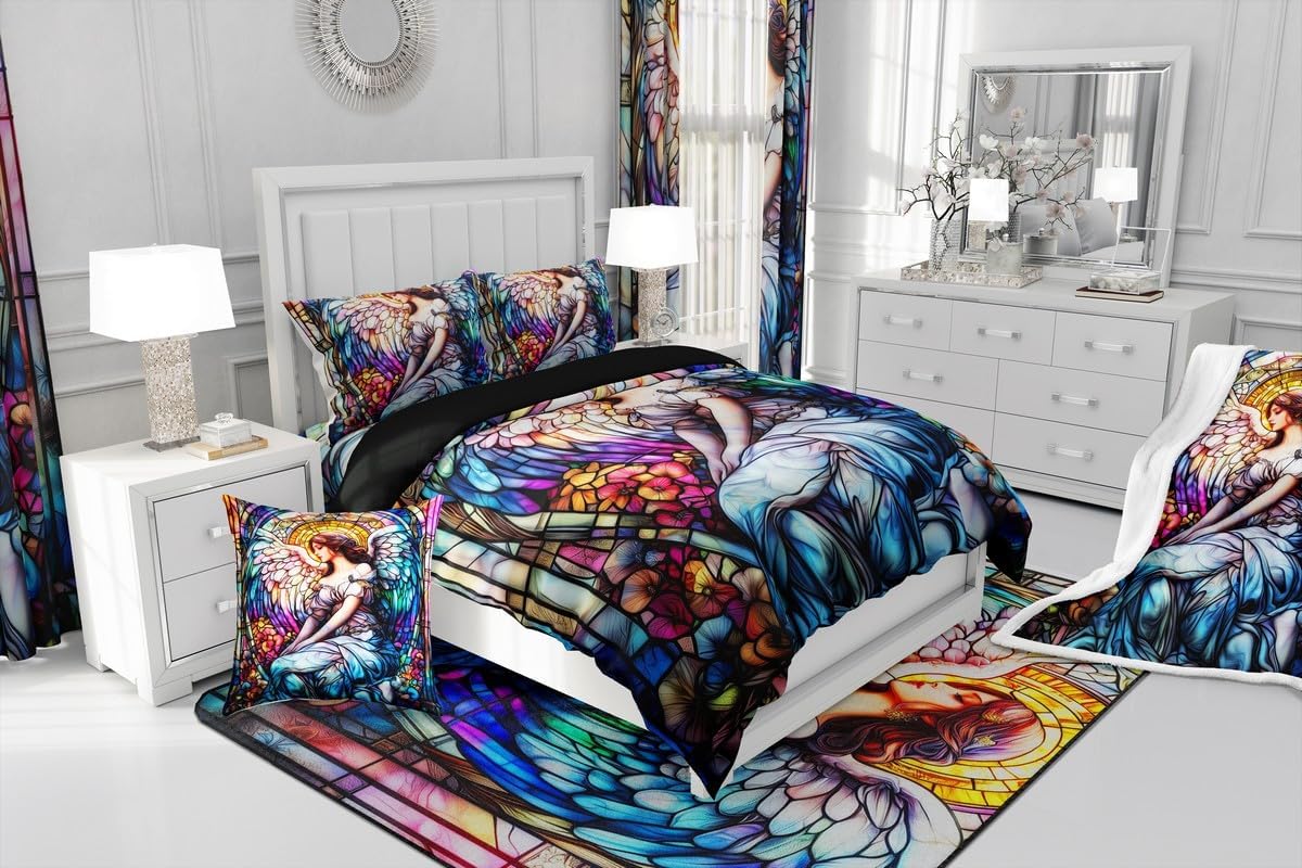 Manfei Angle 3 Pcs Queen Size Comforter Set,Girly Princess Down Alternative Adults Bedroom Decor,Watercolor Flower Ultra Soft Microfiber Inner Fill 3Pcs Bedding
