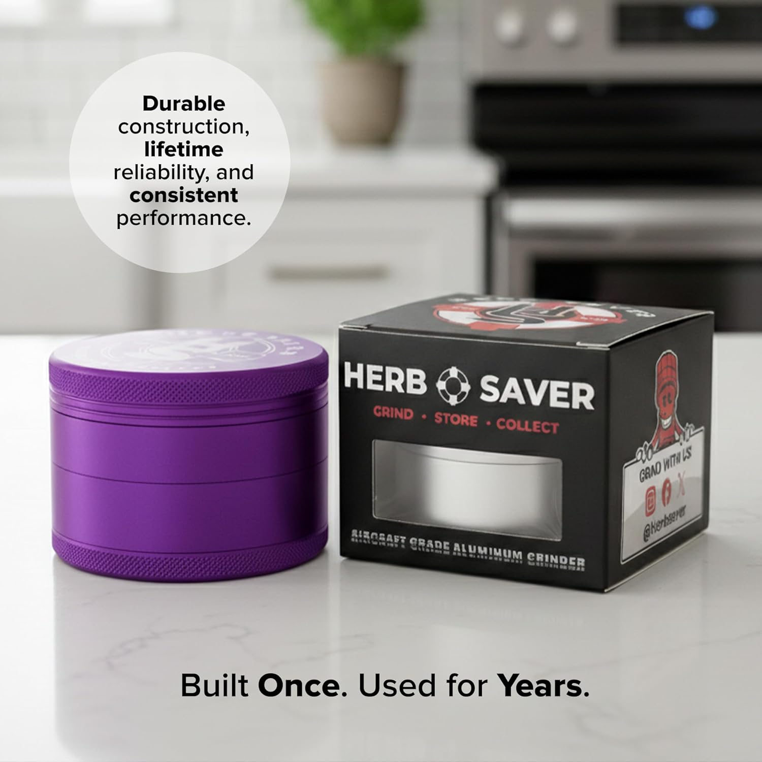 HerbSaver 2.5 Inch Aluminum Spice Grinder – Manual Kitchen Grinder with Sharp Teeth, Magnetic Lid, Matte Finish for Pepper, Salt and Seasonings (Purple)