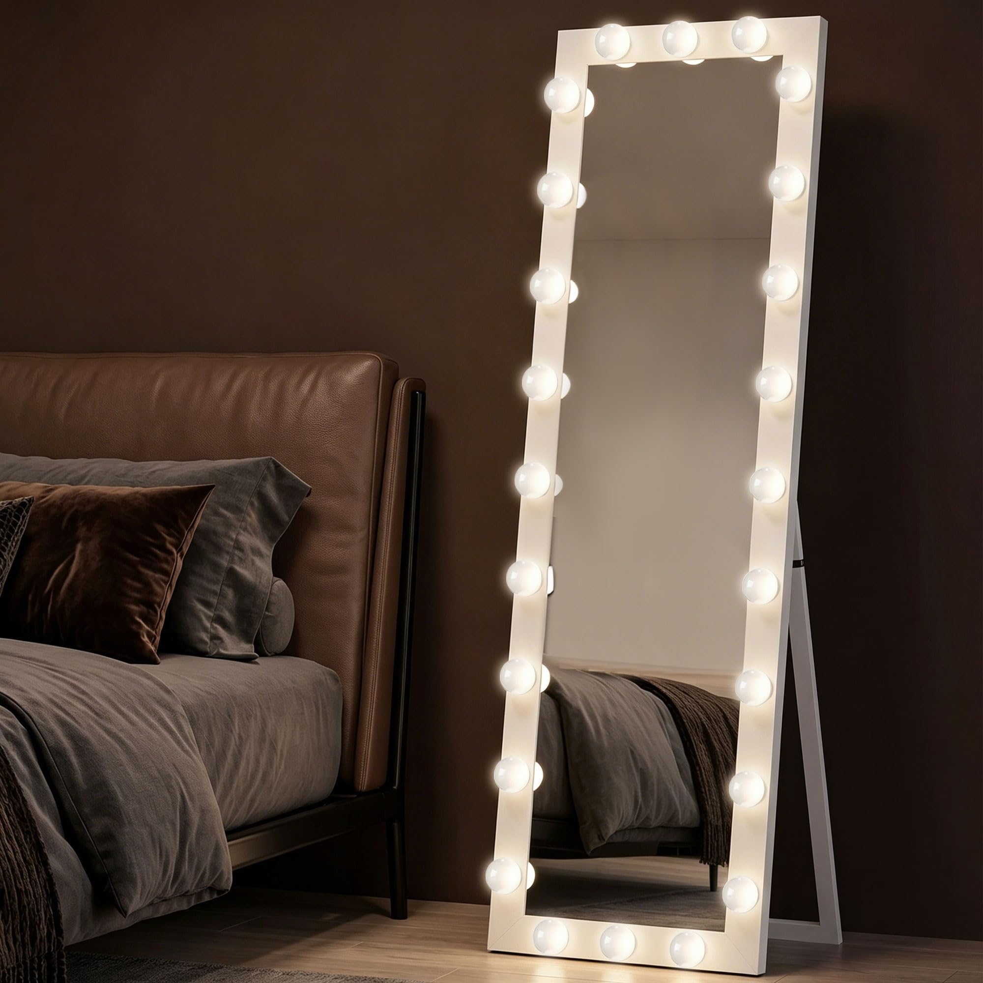 HOMCOM LED Standspiegel mit 24 Glühbirnen, 3 Lichtfarben, Touch-Schalter, Memory-Funktion, 150x40 cm, Weiß