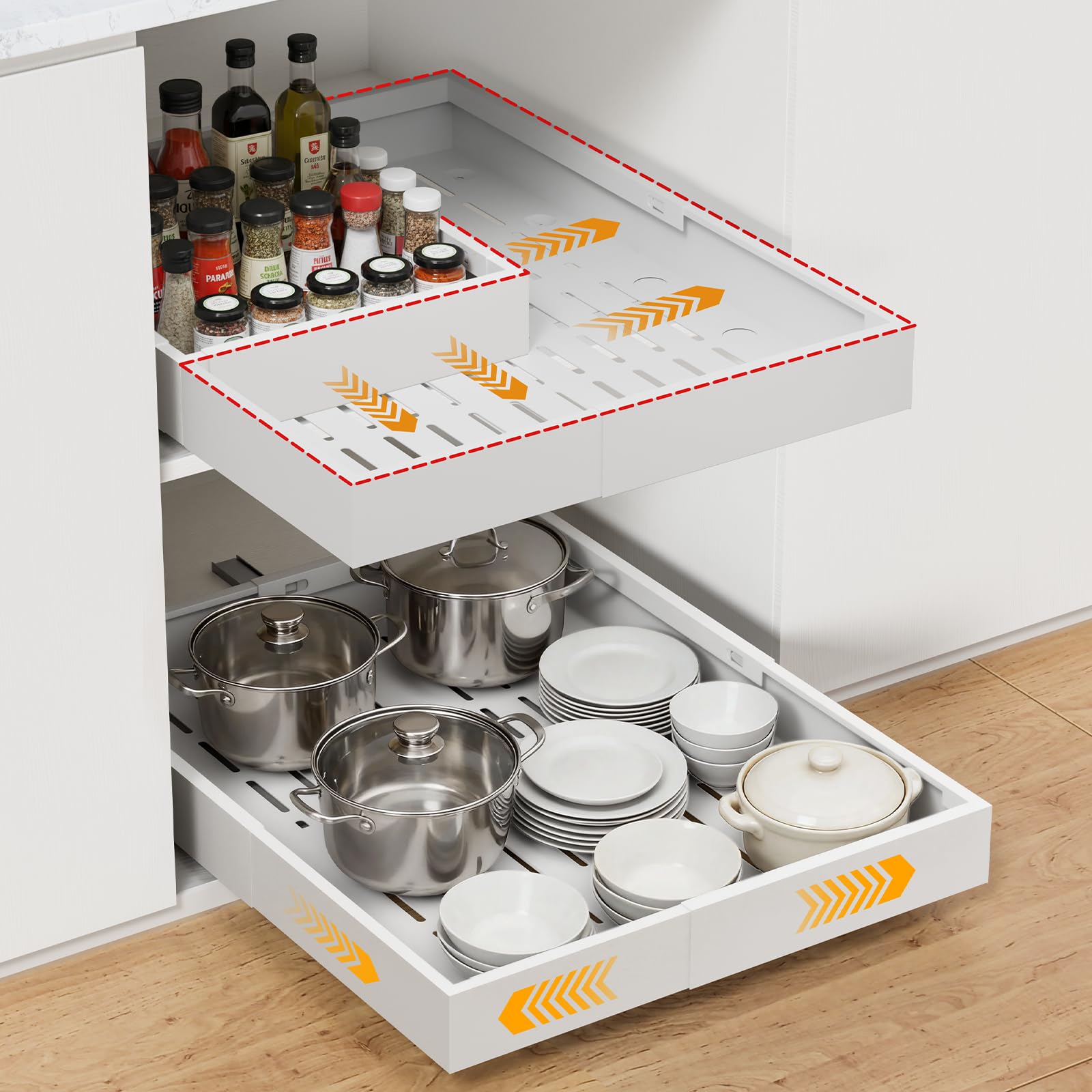 Pull Out Cabinet Organiser, Width (27-45cm)/ Depth (34-59cm) Expandable With 3 Rails, No Drill Slide Out Drawer, Metal Adjustable Kitchen Cupboard Organiser, Drawer Storage For Kitchen Pantry
