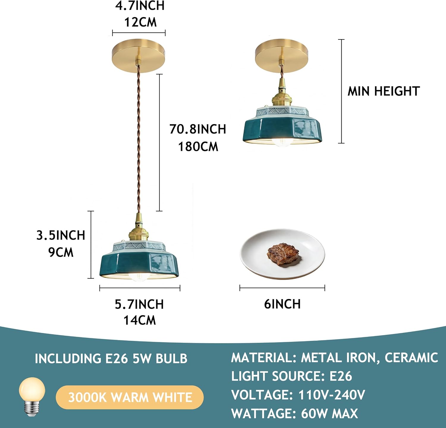 Small Pendant Light Green Glass Blue and White Porcelain Pendant Light Fixture Red Ceramic Hanging Lamp Nordic Modern Chandelier for Dining Room Bedroom Kitchen Island Farmhouse Cafe