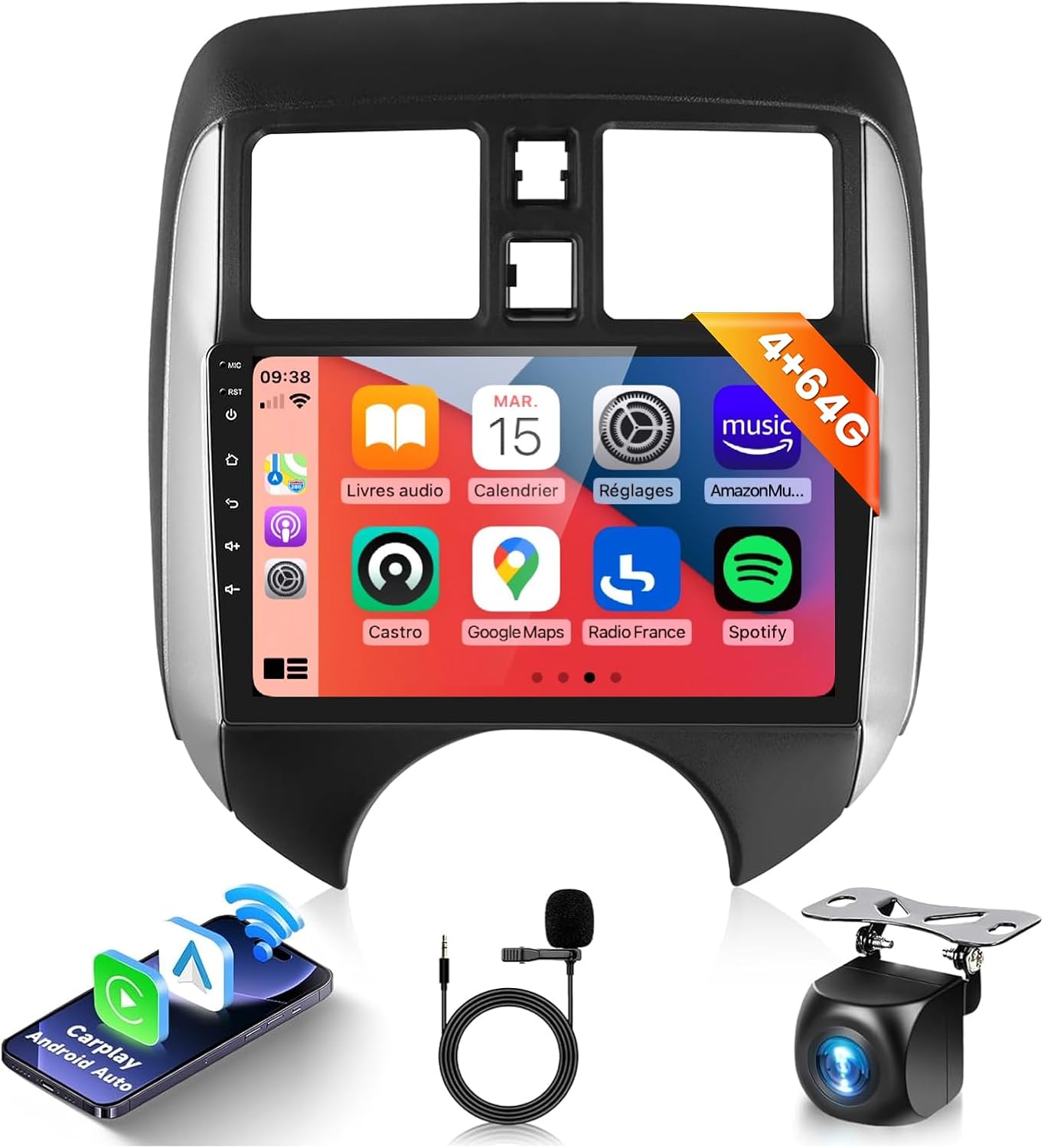 【DSP 32EQ】 4G+64G for Nissan Versa Note 2014-2018 Radio Car Stereo with Wireless Carplay 5.0 Bluetooth,9inch 1280X720P IPS Touchscreen,Android Auto,Mirror Link,FM/RDS GPS WiFi AHD Backup Camera