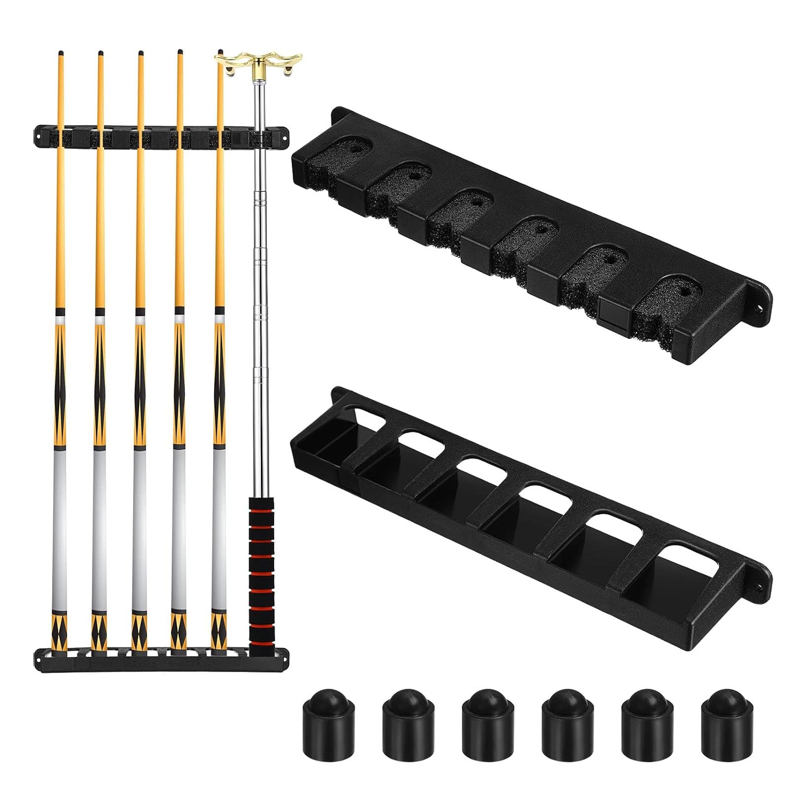 ZKFSIE 6-Slot Pool Cue Holder Wall Mount, Vertical Billiard Cue Rack with 6 Black Protective Caps, Space-Saving Pool Table Accessory for Snooker, Bars, Clubs