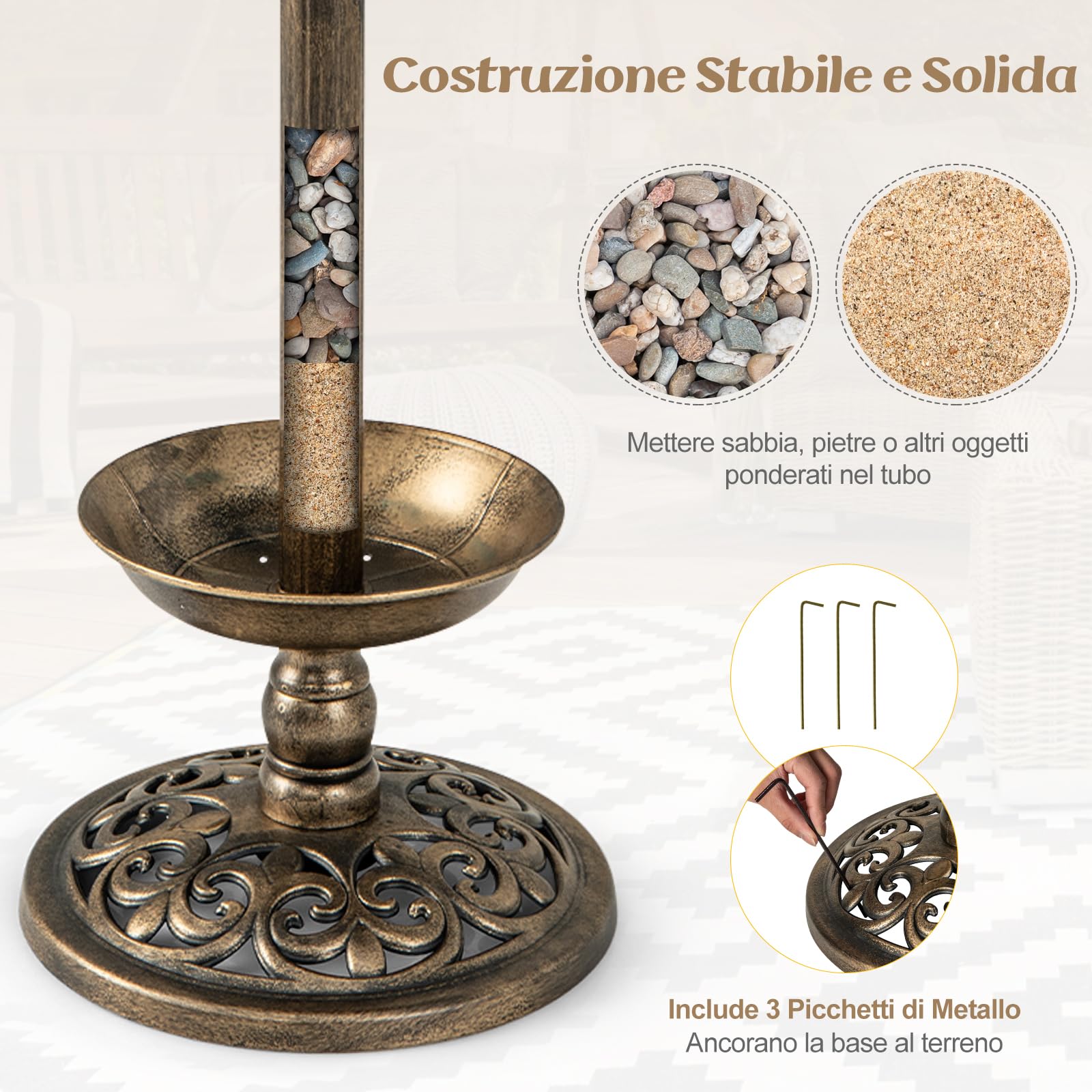 SOARS Abbeveratoio Per Uccelli Con Luce Solare – Mangiatoia E Vaso Per Fiori 3 In 1, Stile Vintage, Resistente Alle Intemperie (83 Cm)