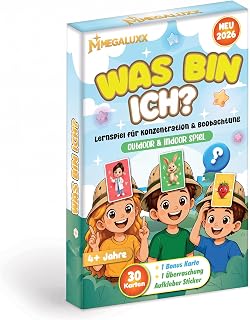 WAS BIN ICH? das Lustiges kartenspiel für Kinder ab 4 Jahren - 31 Karten (30 + 1 Bonuskarte + 1 Sticker) - Lernspiel für konzentraion & Beoabchtung - Quadoor & Indoor Spiel