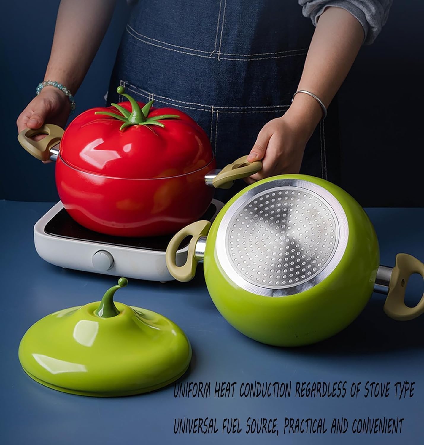 Pentola in Ghisa Smaltata con Coperchio - Design a Forma di Pomodoro, Pentola Antiaderente per Zuppe e Pasta, Uso Versatile, Adatta per Gas e Induzione