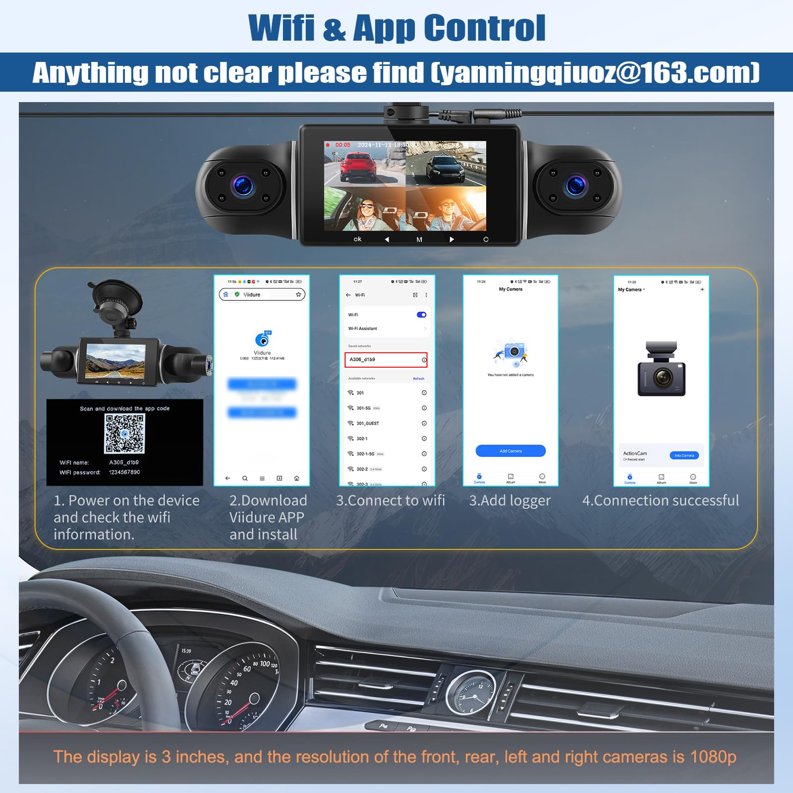 CAMECHO Dashcam Coche Delantera Trasera con 4 Cámaras FHD 1080P Gran Angular, Pantalla IPS de 3 Pulgadas 360° Dash-CAM con WiFi App Visión Nocturna G-Sensor 24H +Reverse Line