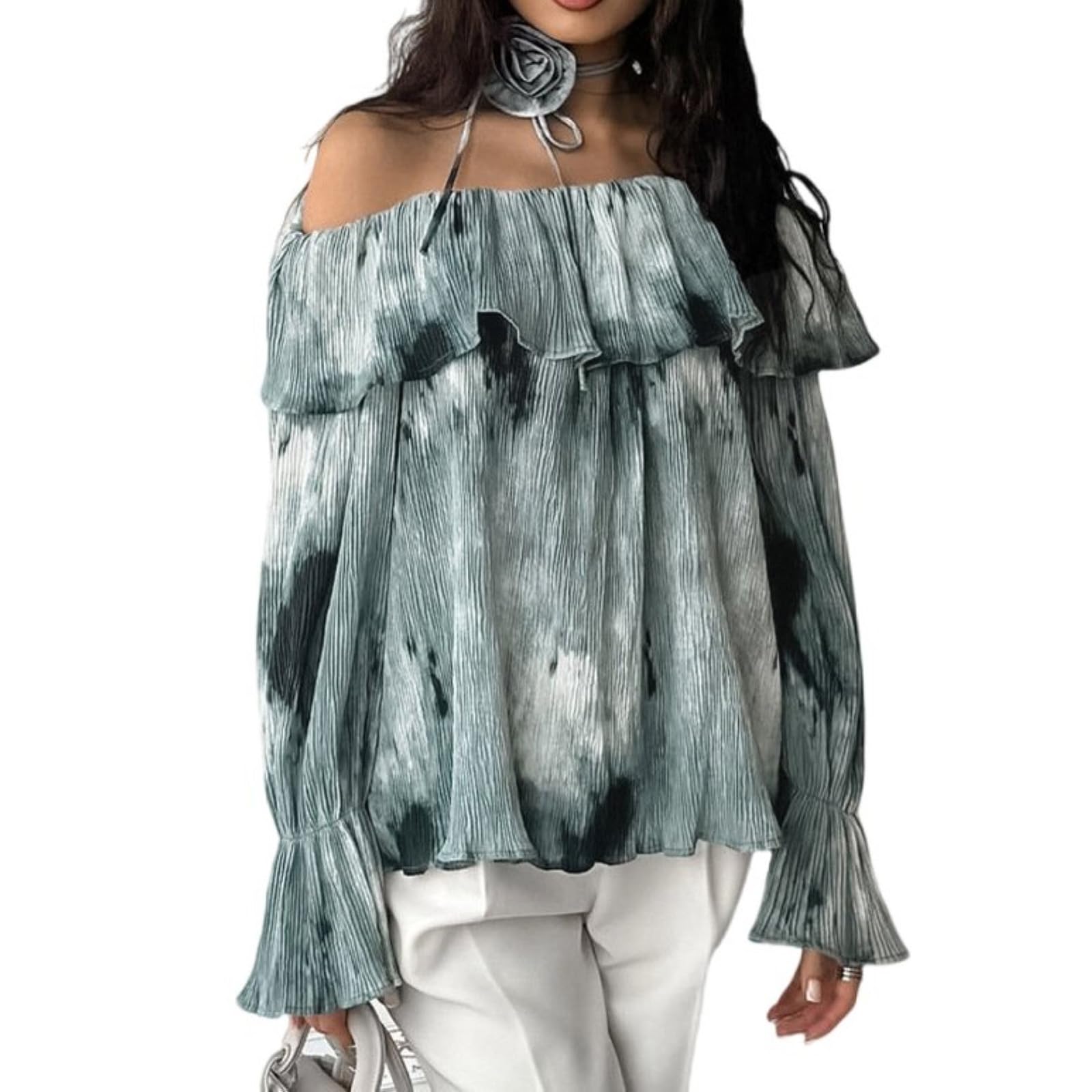 Damskie seksowne topy z odkrytymi ramionami Tie-Dye 3D Kwiaty z długim rękawem Falbana Wiosna Jesień Koszula Bluzka