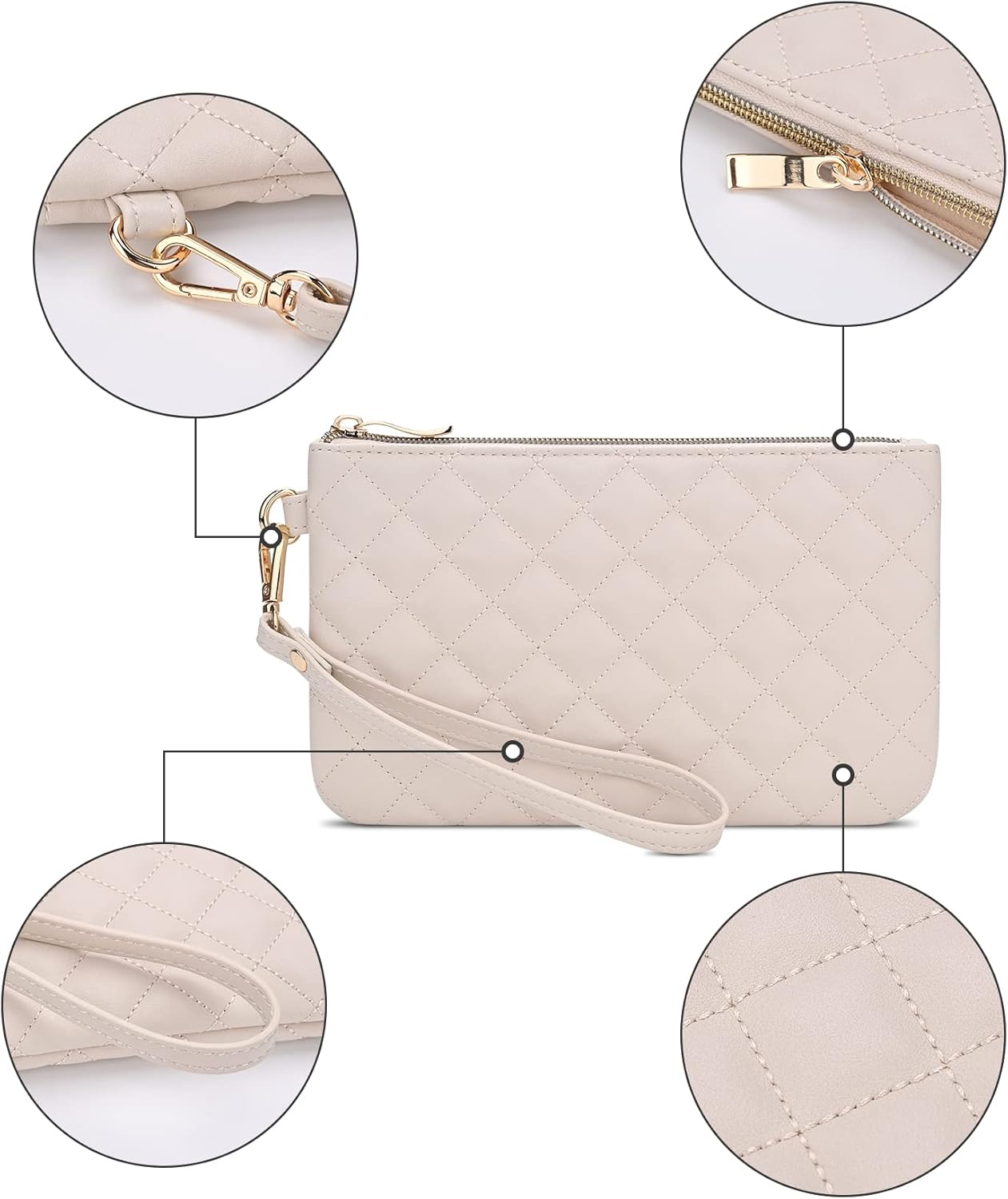 Quilted Wristlet Purse for Women, Vegan Leather Wristlet Pouch Zip Clutch Bag, Evening Clutch Purse with strap - Image 5