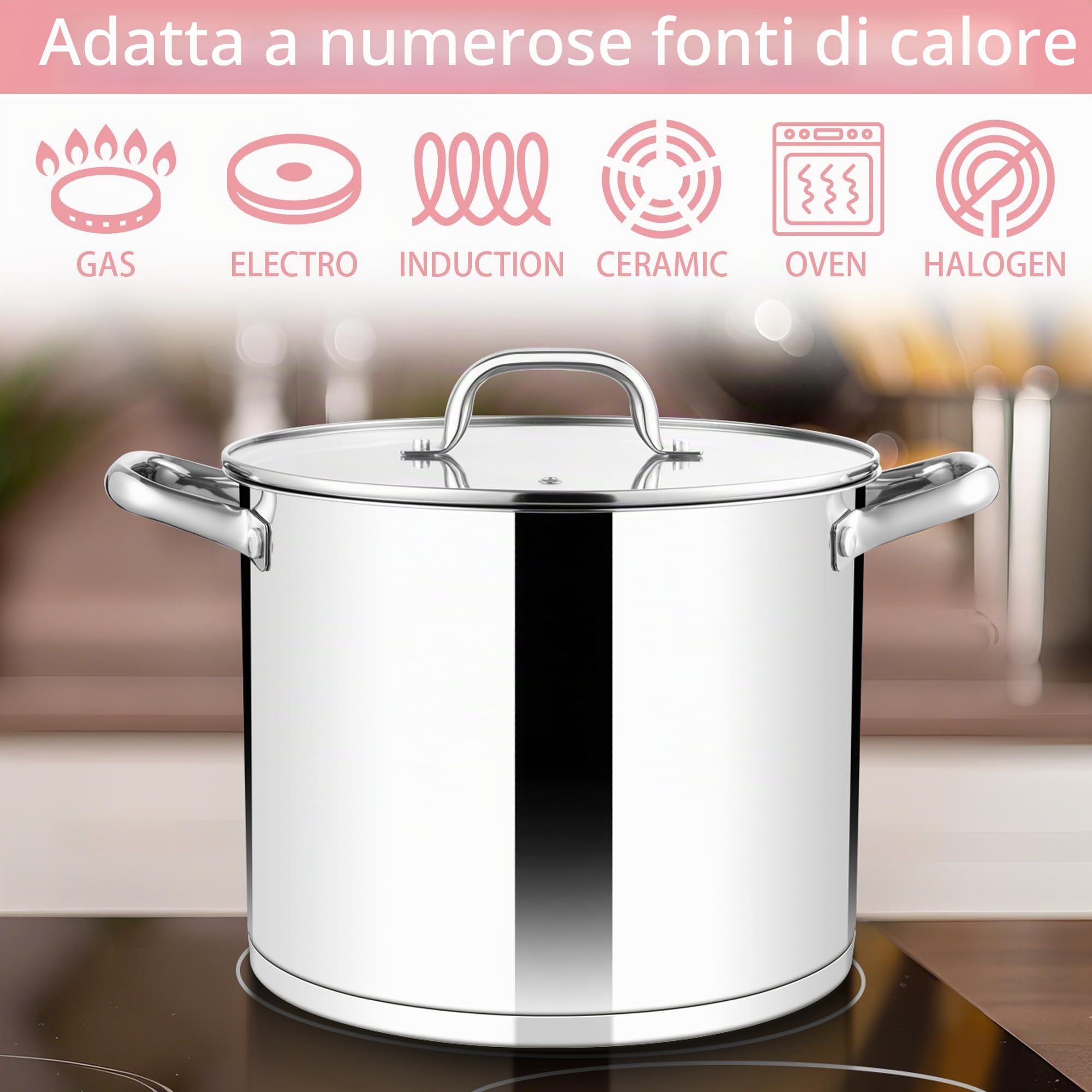 Herogo Pentola da 10 l, pentola in acciaio inossidabile con coperchio trasparente visibile, pentola a induzione da 24 cm per zuppe, fondo a tre strati per tutti i fornelli, grande capacità per stufare