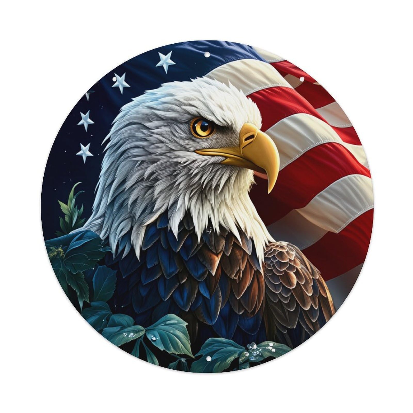 American Eagle Flag Leaves Stars Round Tin Sign Vintage Metal Poster, Home Bar Garage Man Cave Cafe Indoor & Outdoor Wall Decoration 8x8Inches