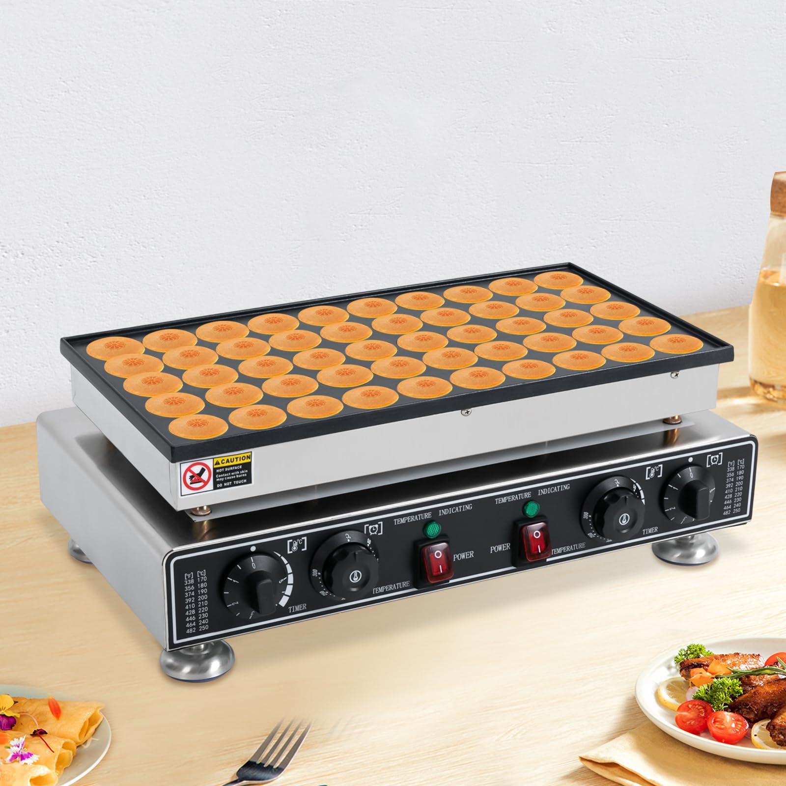Commercial Mini Dutch Pancakes Maker Machine, 50PCS 1800W Electric Non-stick Muffin Poffertjes Maker Machine with 2 Thermostats & 2 Timers Separate Control for Home and Restaurants