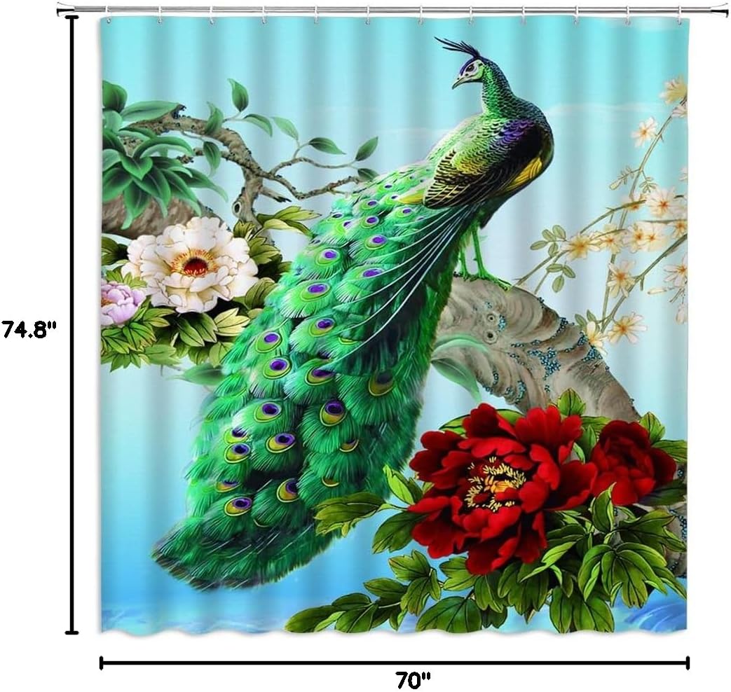 Peacock Shower Curtain Red Peony Flowers Branch Asian Traditional Chinese Oriental Spring Landscape Antique Pattern Fabric Bathroom Decor Set with Hooks(70" Wx74.8 H)