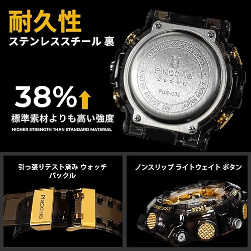 Miniatura 7 de PINDOWS Reloj para Hombre, Reloj Analógico Digital Resistente al Agua 50M, Reloj Electrónico para Deportes al Aire Libre, Fecha, Multifunción, LED,