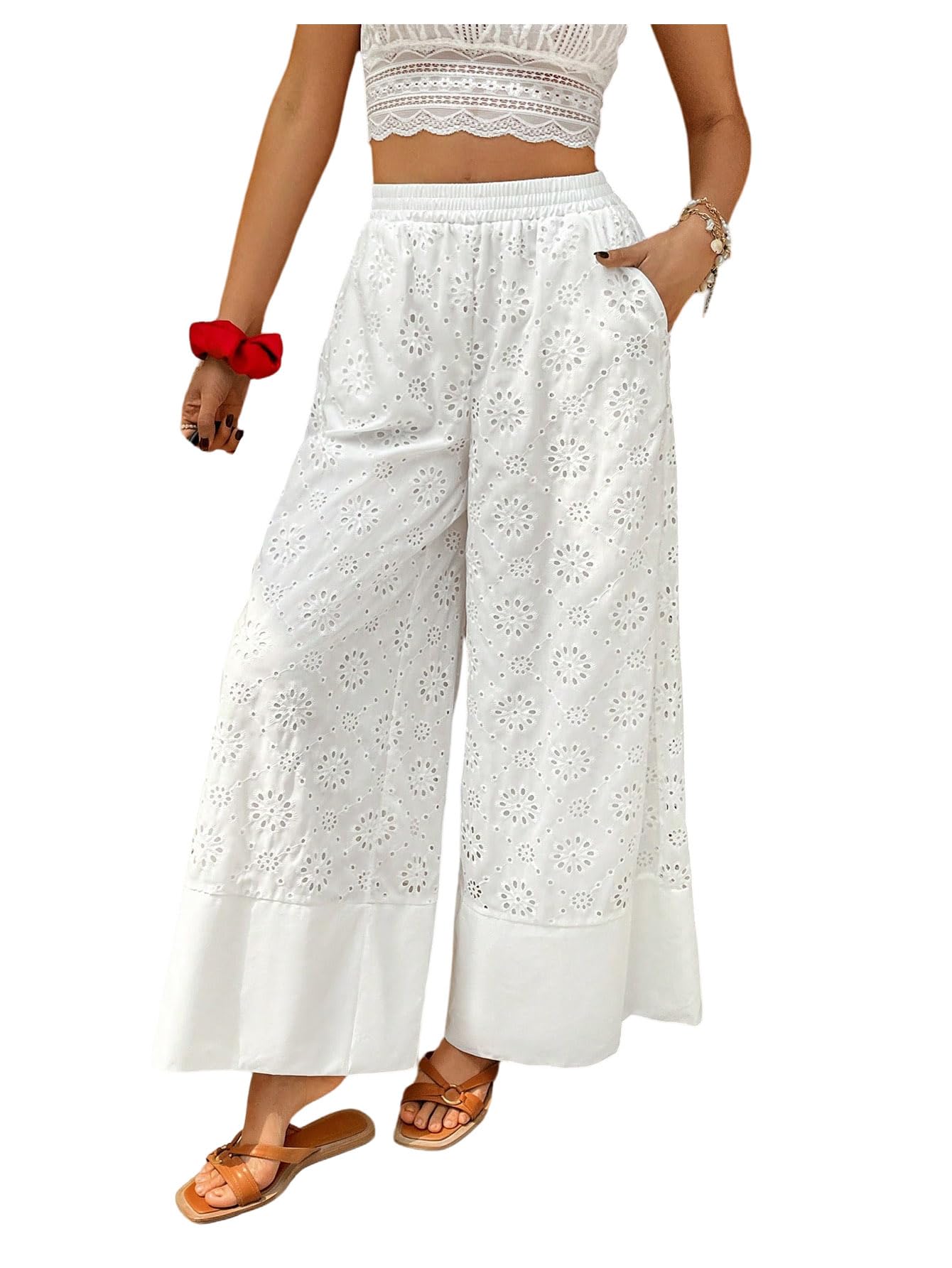 MakeMeChic Womens Boho Eyelet Embroidery Wide Leg Palazzo Pants High Waist Baggy Trousers