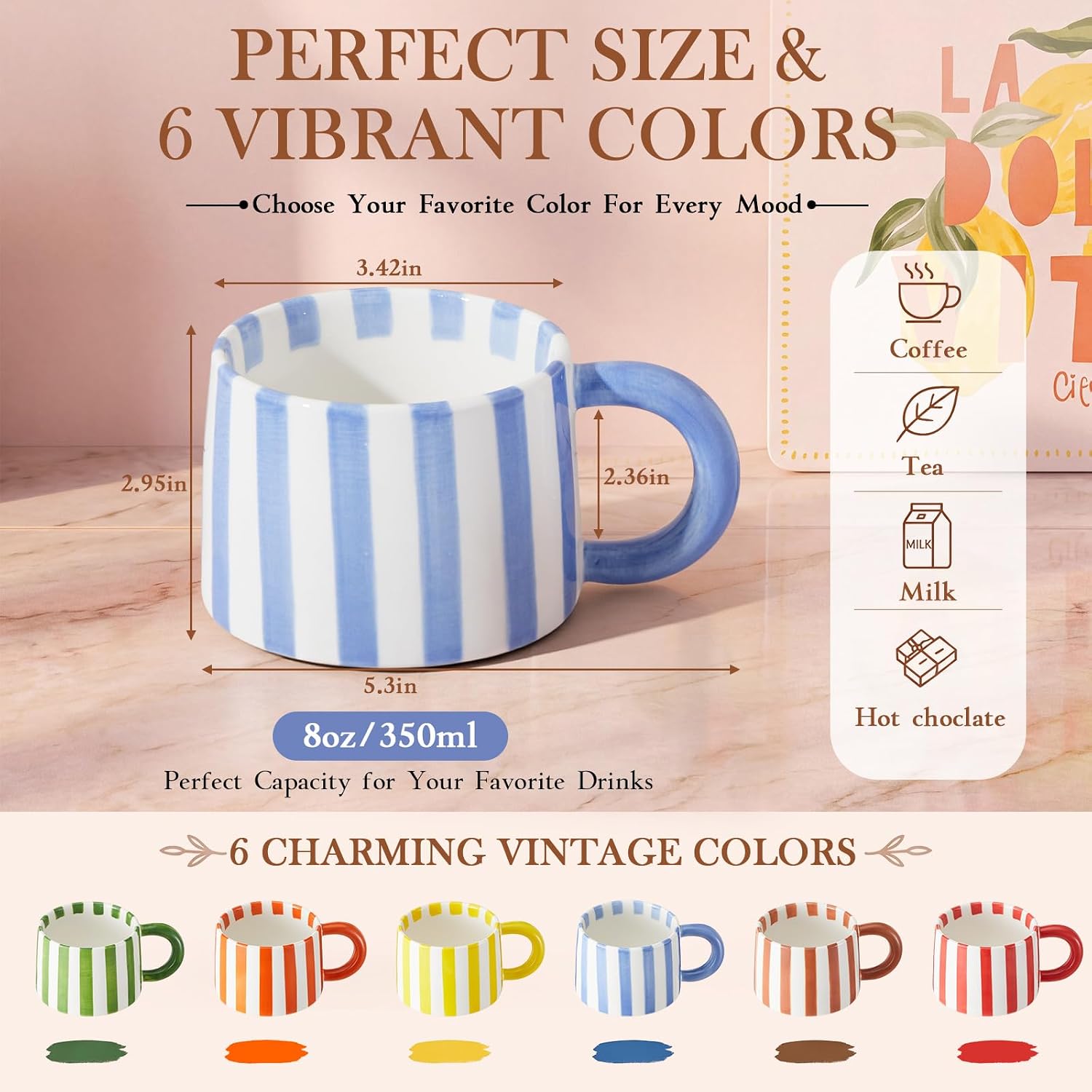 Zhehao 6 Pcs Striped Coffee Mugs, 8 oz Ceramic Espresso Cup,Bright Color