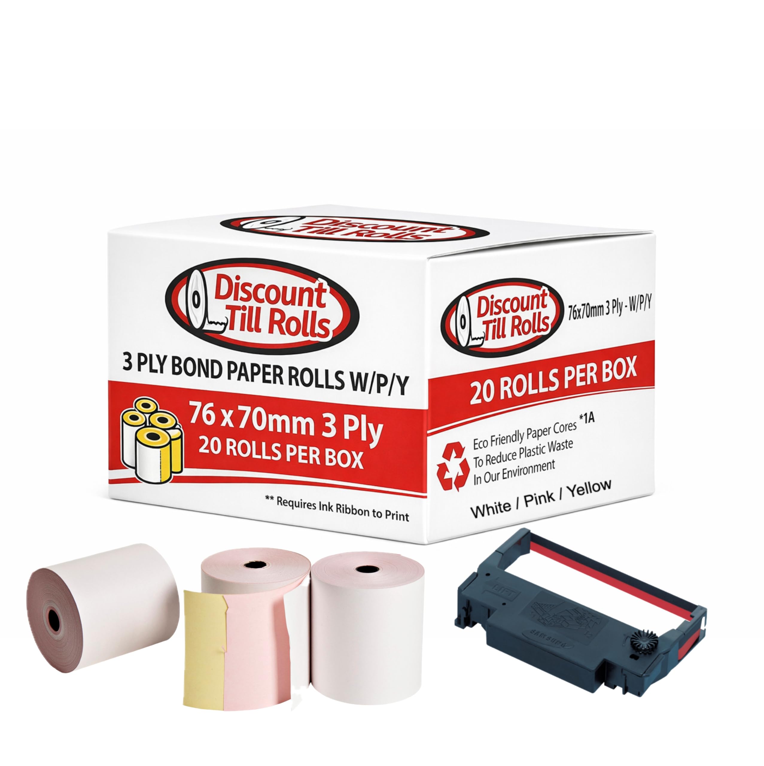Compatible avec Epson TM-300 - Rouleaux de papier 3 plis non thermiques (blanc/rose/jaune) - 76 x 70 mm - (50 rouleaux), Rouleaux de cuisine 3 plis