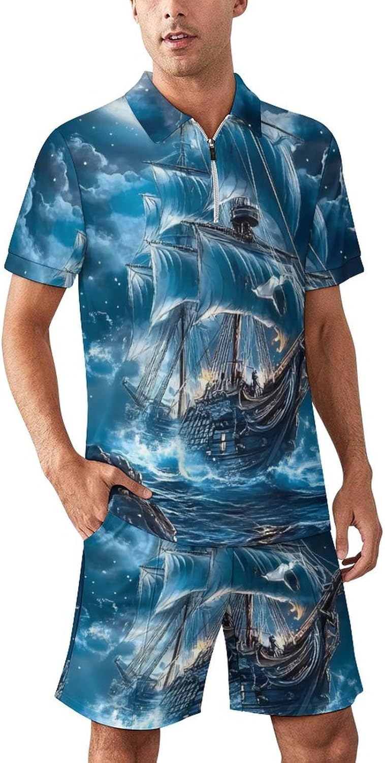 Piratees Ship Moon Ocean Mens Polo Shirts Track Suits 2 Piece Short Sleeve Sweatsuit 1/4 Zip Golf Loungewear for Sports