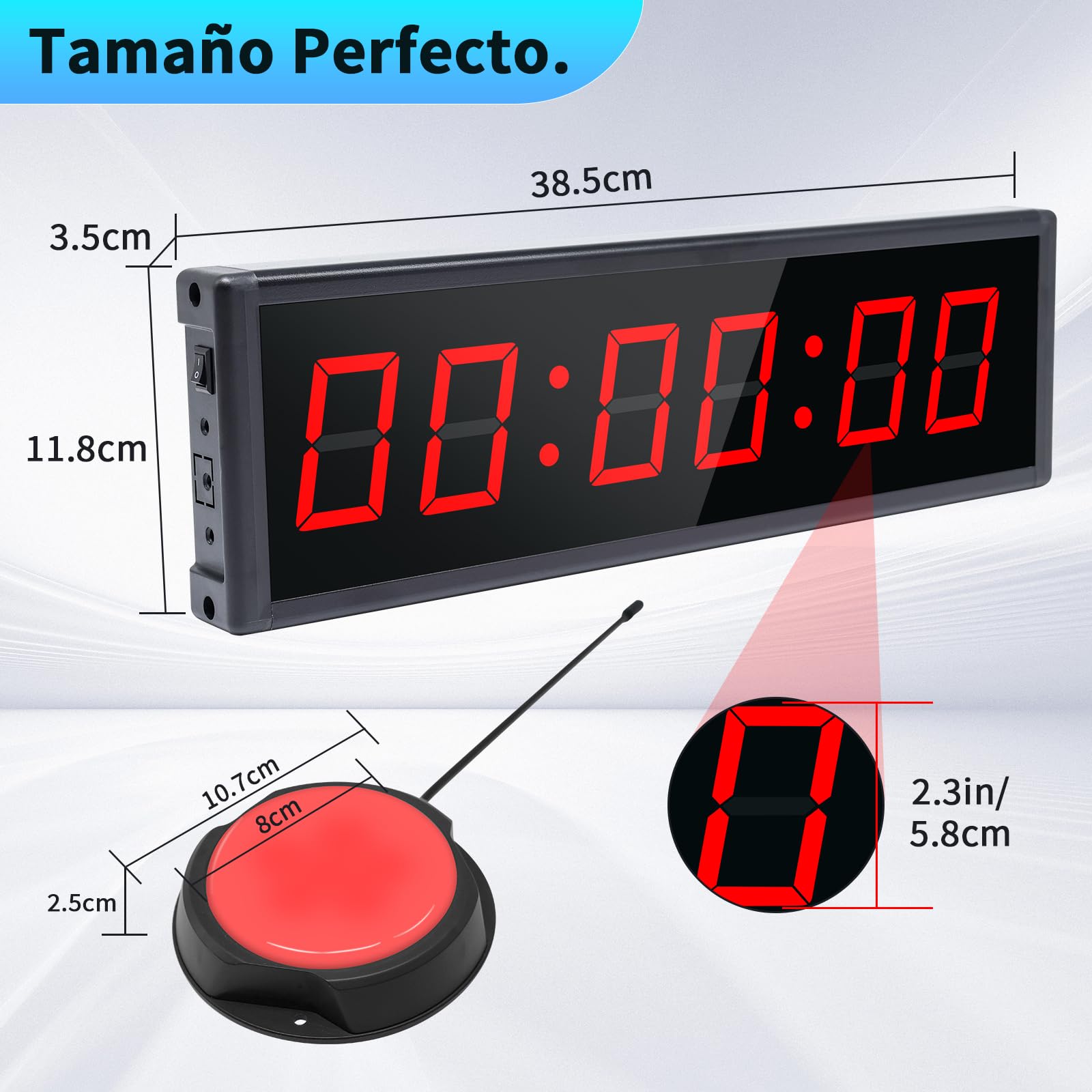 Gym Timer, Reloj de Pared Digital 12/24H con Botón Inalámbrico de Inicio/Parada, Cronometro, Temporizador Digital con Mando a Distancia, Cronometros Deportivos para HIIT/Tabata/FGB(1 botón)