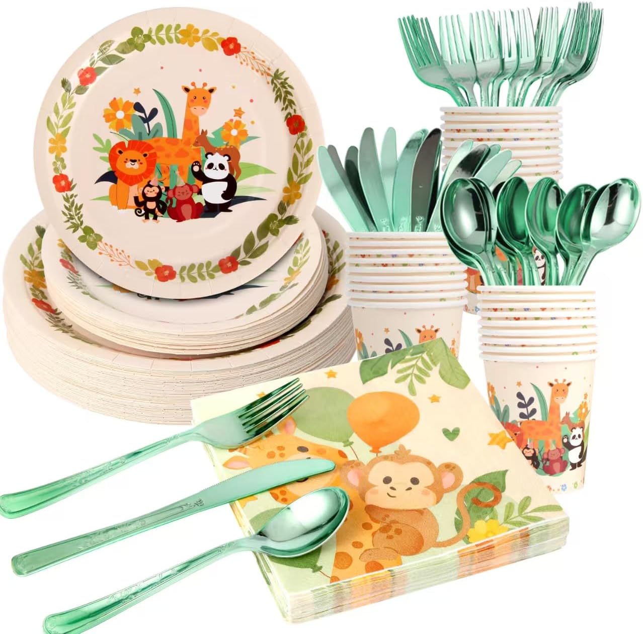 175 PCS Jungle Party Plate Set, Animal Theme Party Decorations, Wildlife Theme Disposable Tableware Set, Kids Birthday Plate Decorations. (25 guests) Animal Party