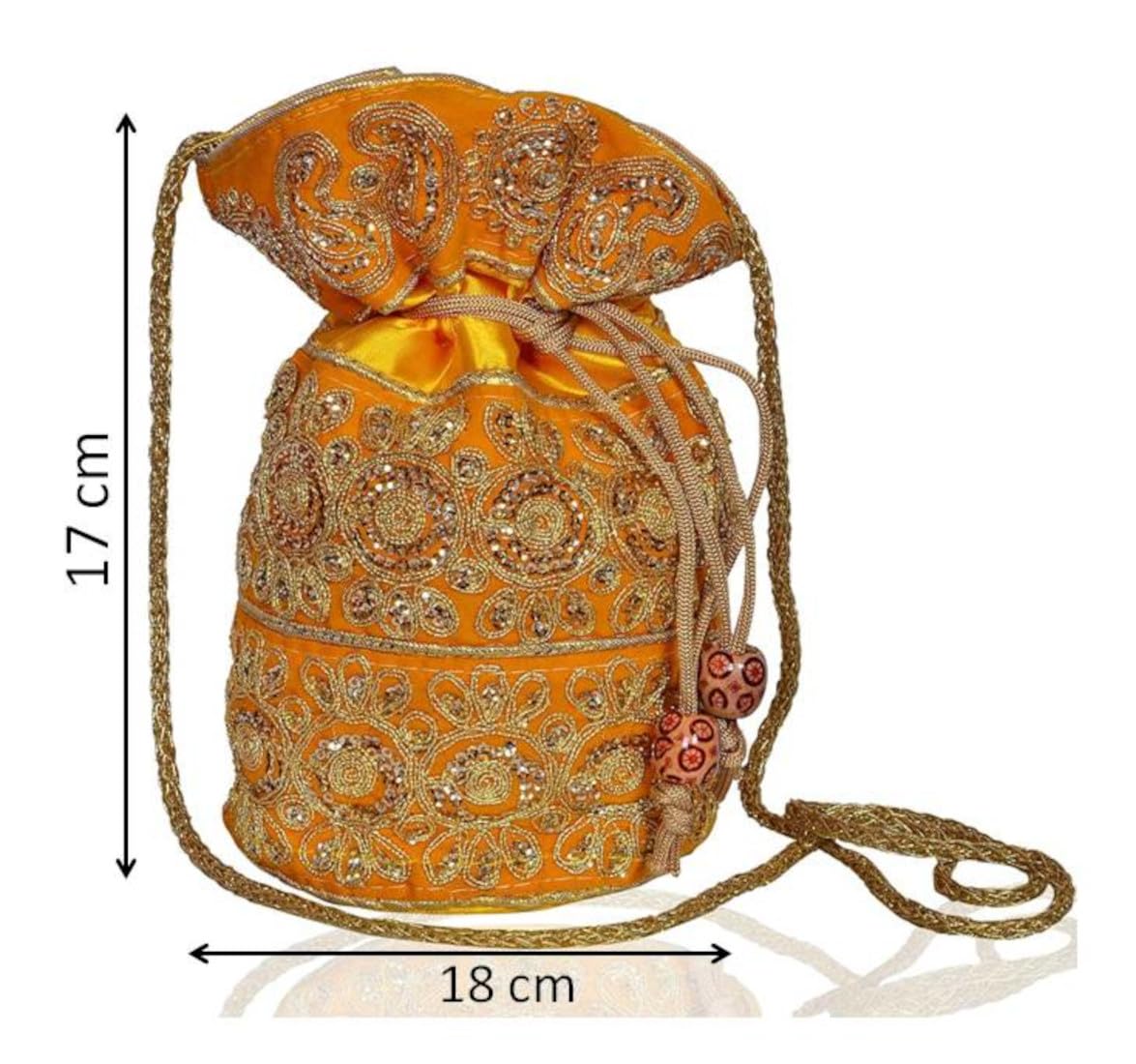 Purpledip Potli Bag (Clutch, Drawstring Purse) For Women With Intricate Gold Thread & Sequin Embroidery Work, Yellow Color (10534) - Image 2 thumbnail
