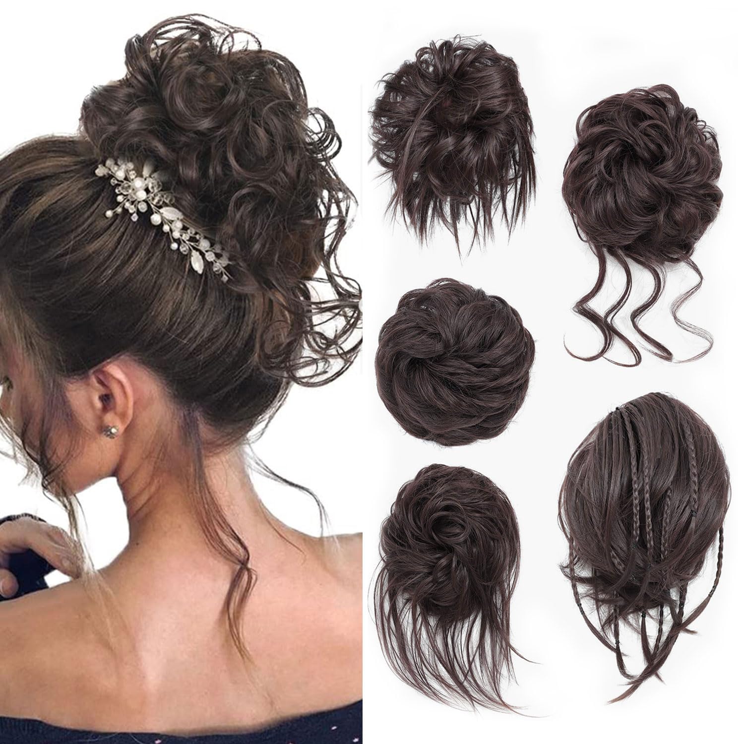 5 PCS Messy Bun Scrunchies Curly Wavy Messy Bun Hair Pieces for Women Hair Scrunchie HAIR Updo Accessories - Dark Brown