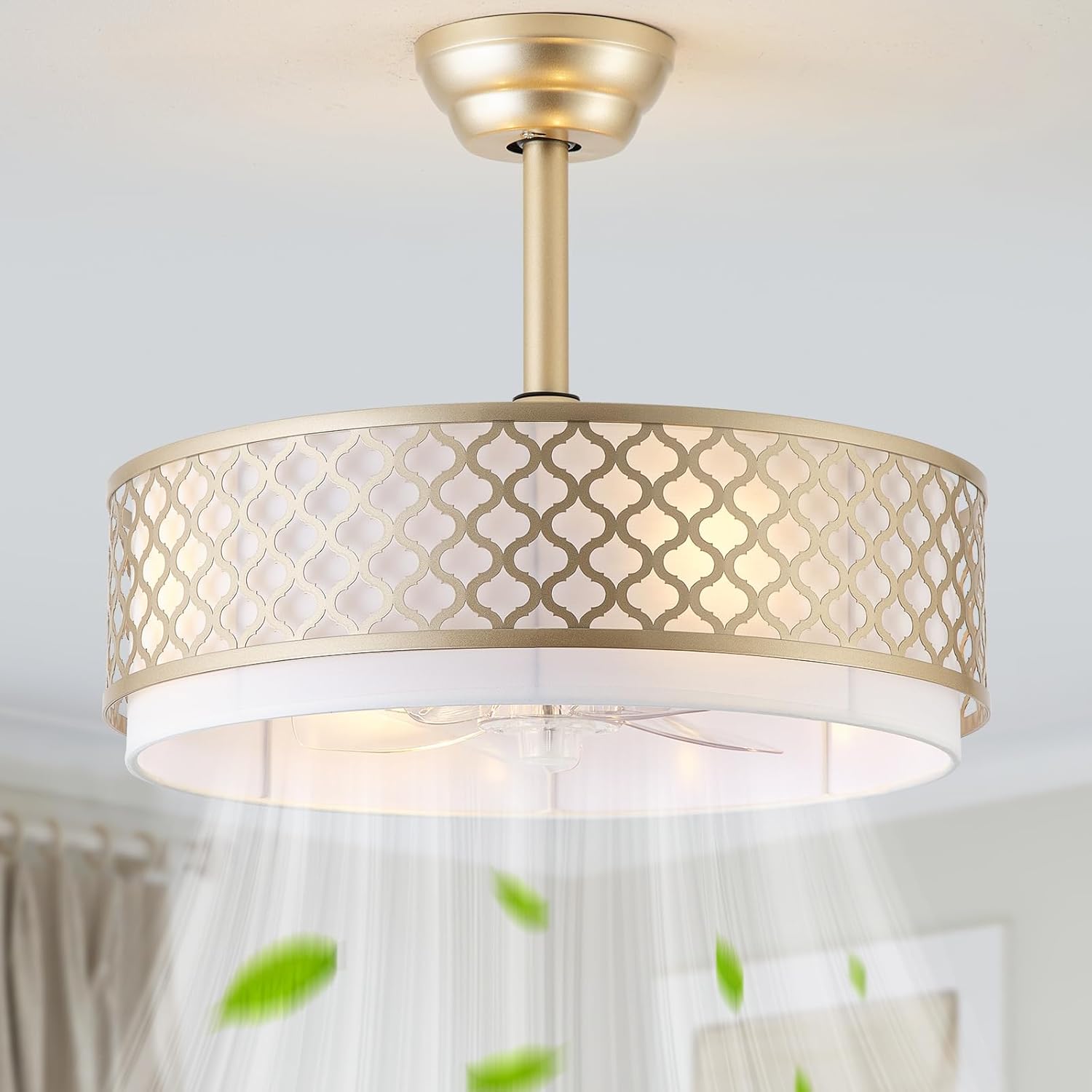 20" Gold Fandelier Ceiling Fan with Lights, Caged Boho Ceiling Fan with Light Remote Control, Rattan with 6 Speeds for Bedroom, Nursery, Living Room