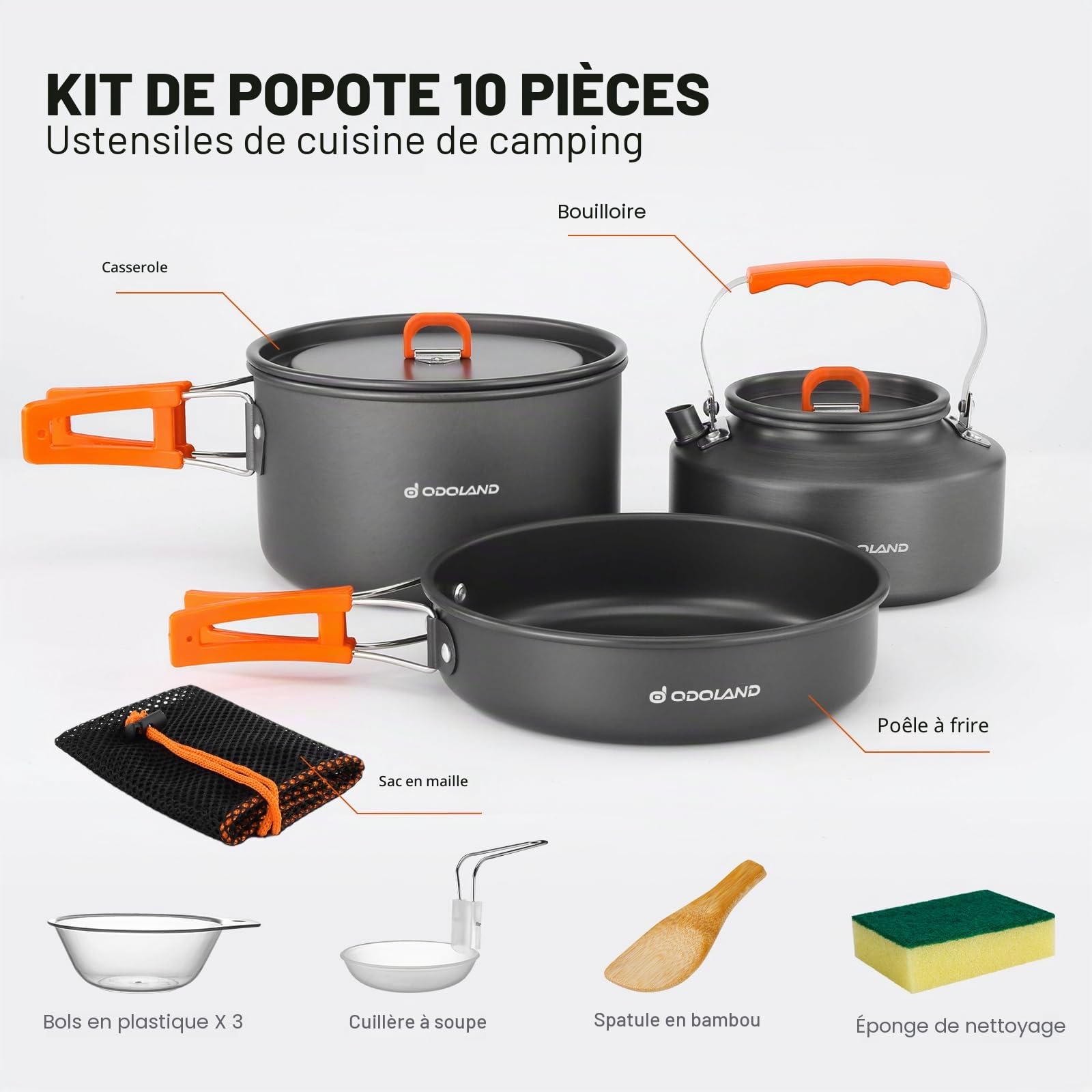 Odoland Kit de Casseroles Camping Portable, Antiadhésif Casserole Légère Set avec Bol en PP pour Le Camping, Sac à Dos, Cuisine en Plein Air et Pique - Nique