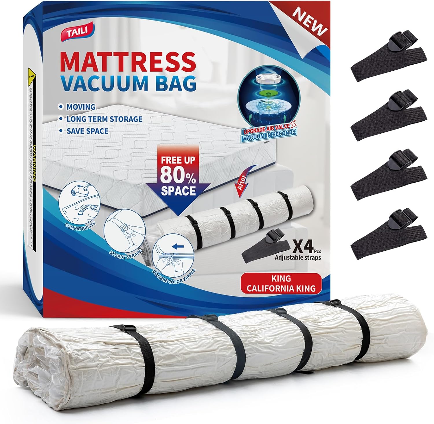 TAILI Mattress Vacuum Bag, King/Califonia King Mattress Vacuum Storage Bag with 4 Straps, Sealable Bag for Memory Foam, Latex, Easy Moving, Transport and Storage King/California King