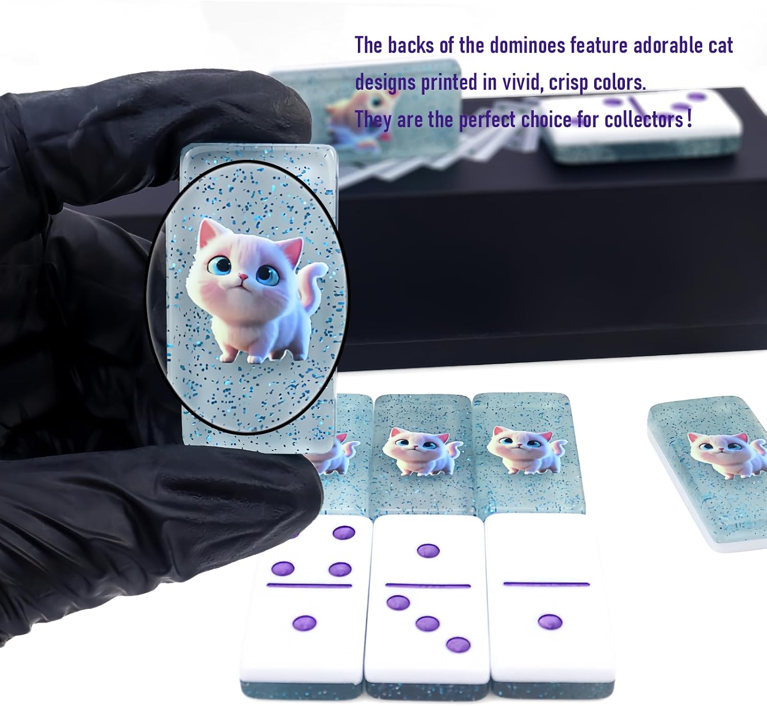IDTQ Blue Cat-Themed Dominoes Set for Adults - Double 6 Dominoes 28 Tiles with Adorable Cat Illustration - Fun Family Board Game & Gift for Cat Lovers image 3
