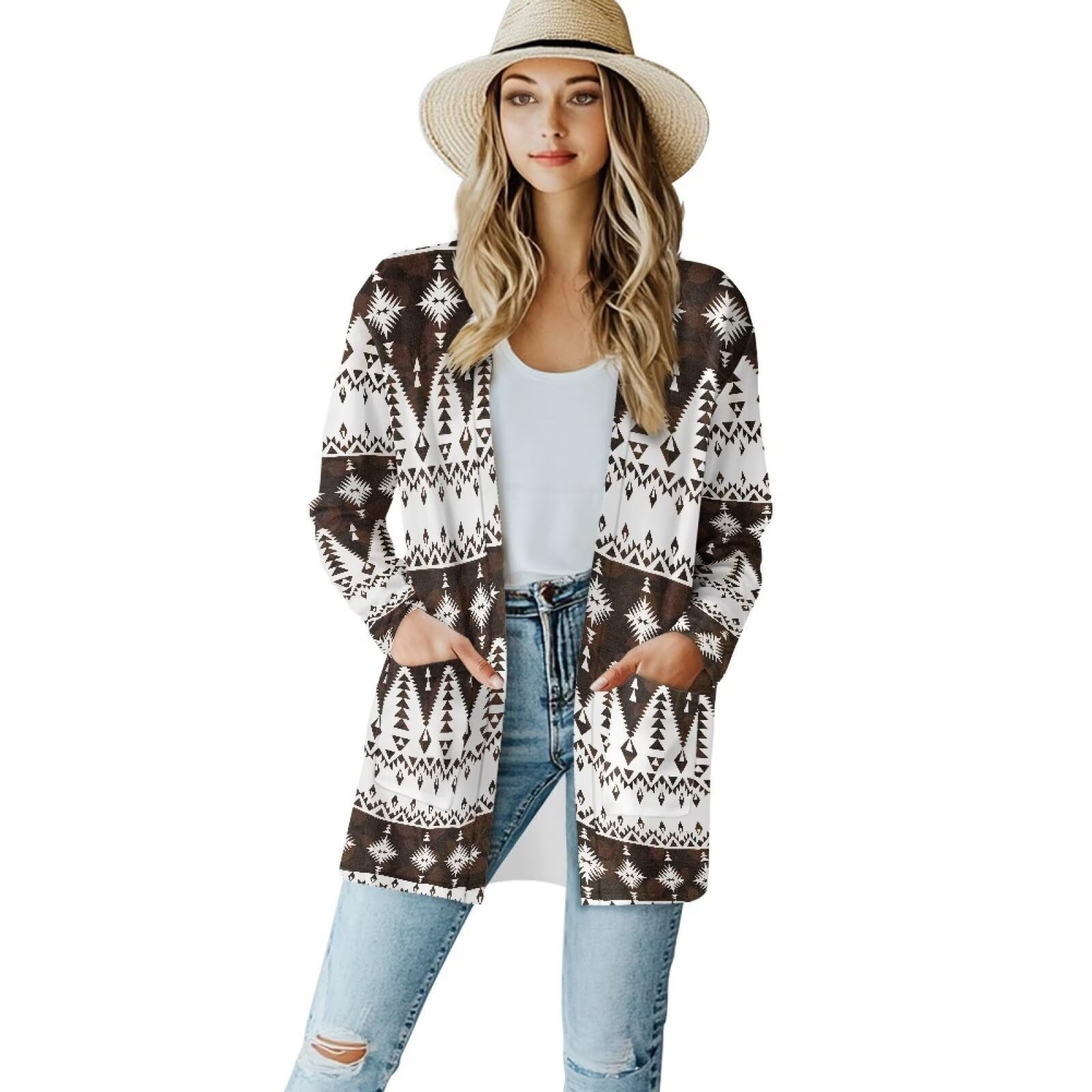 Women's Aztec Open-Front Jacket Lightweight Casual Outerwear Native Western Aztec Pattern &amp; Plaid Houndstooth Print