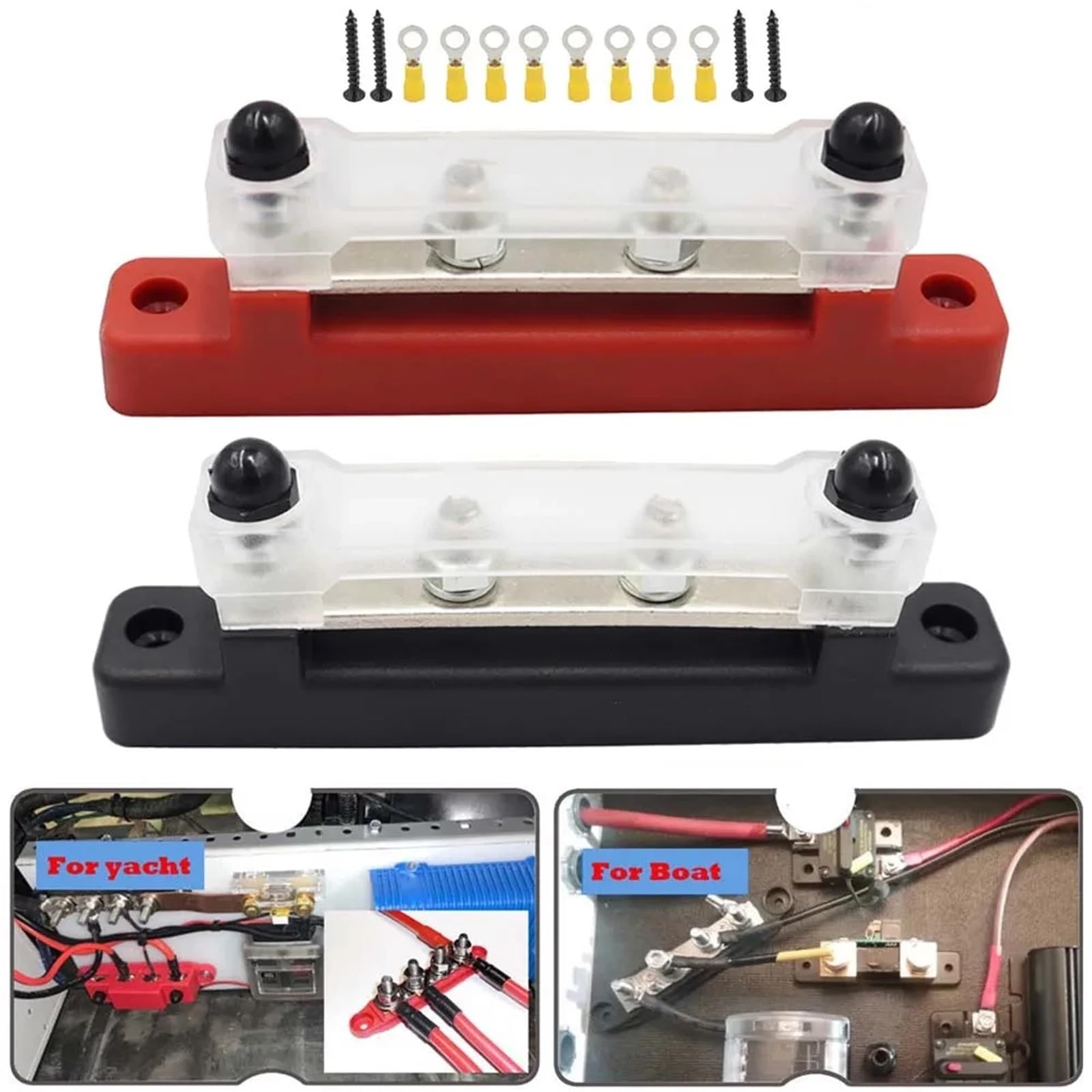 Barra colectora Bloque de terminales coche M6, barra bus negativa, bloque 12V 150A, distribución energía 1/4", autobús termianl M8 for barco automotriz(8P Black And Red)