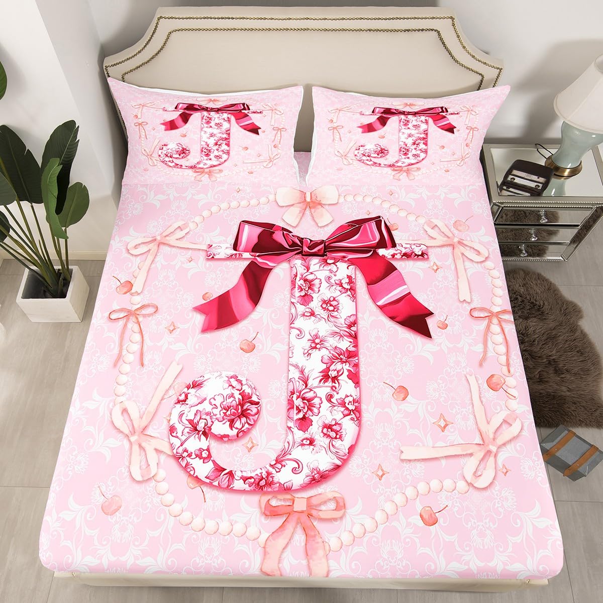 Erosebridal Cute Bow Fitted Sheet Twin Size Preppy Coquette Bows Bed Sheets for Girls Kids Teens Vintage Girly Floral Bed Set Princess Watercolor Monogram Initial J Birthday Gifts Sheets(J)