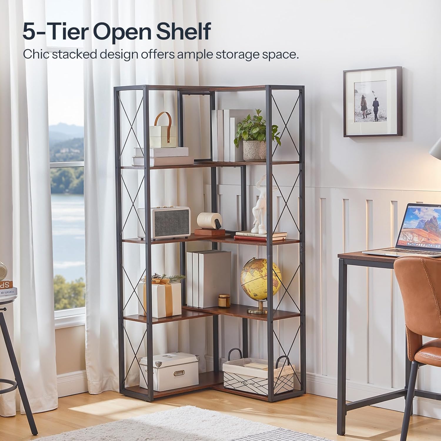 HOOBRO Corner Bookshelf, 5-Tier Industrial Corner Bookcase, Open Display Storage Rack, Vertical or L-Shaped, for Office, Living Room, Bedroom, Rustic Brown and Black BF66SJ01