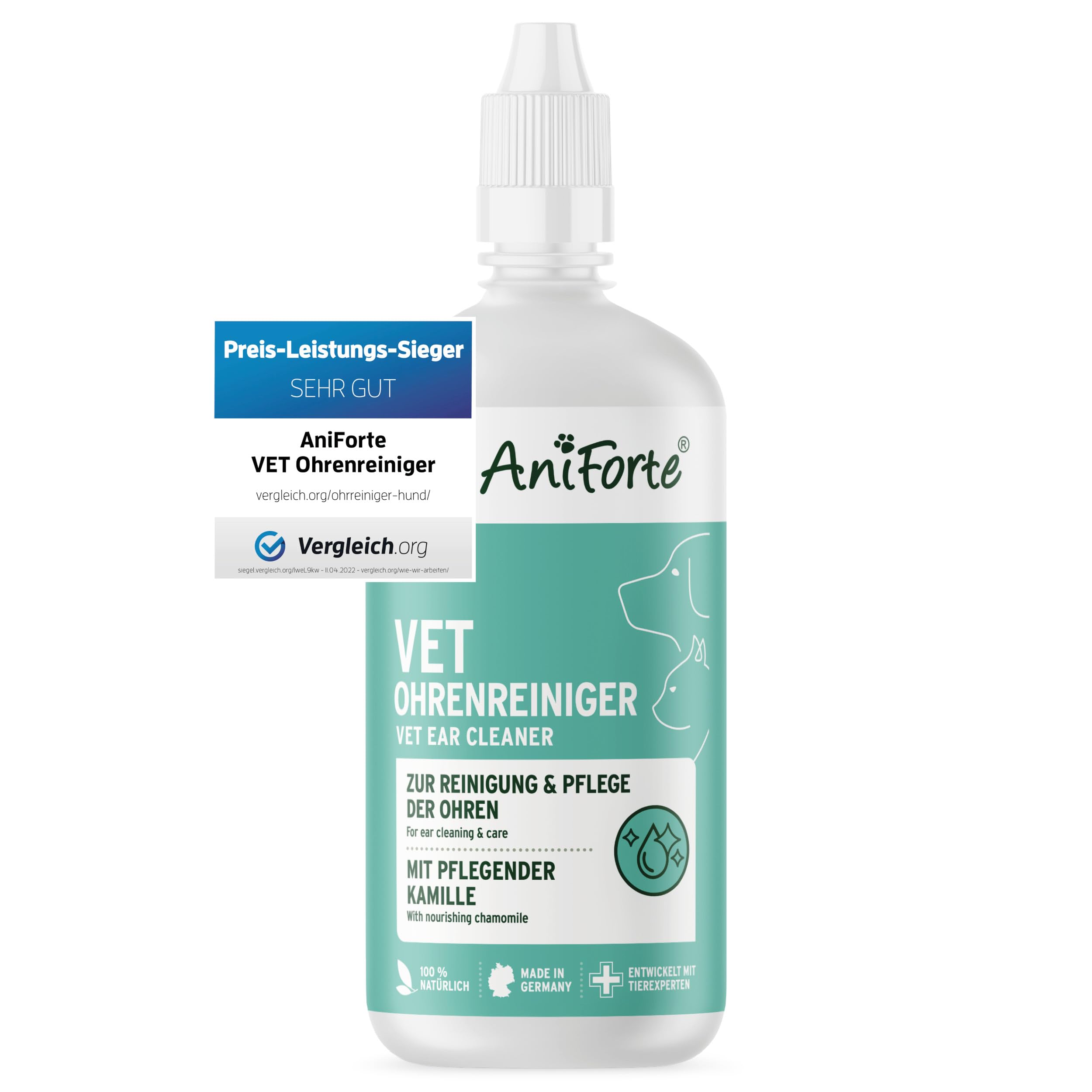 AniForte Vet Kamille Ohrenreiniger Hund, Katze & Pferde 250ml - Schonende Ohr Reinigung, Ohrenschmalz Entferner & natürlicher Ohrreiniger, Beruhigung bei Juckreiz, Entzündung, Infektion & Ausfluss