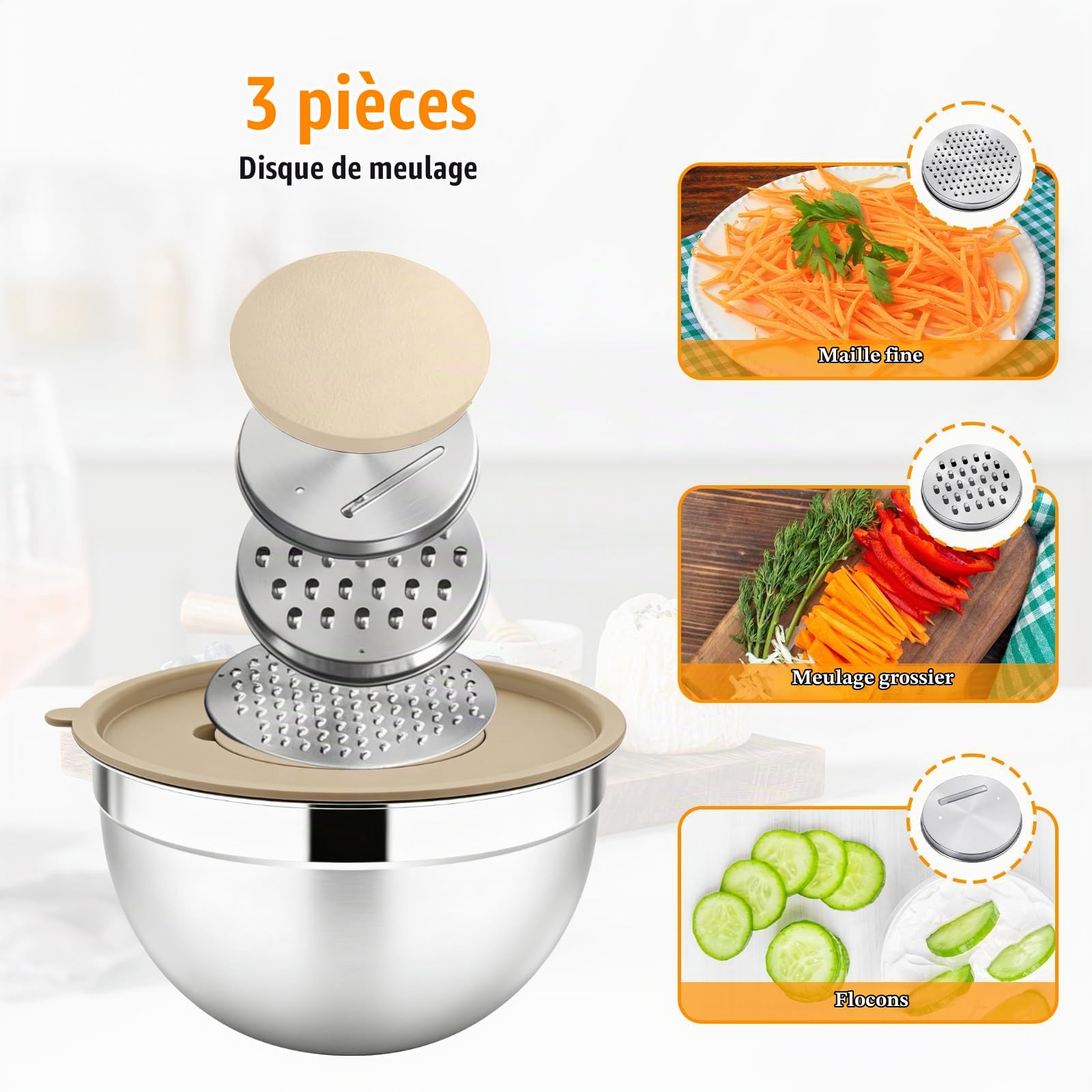 5 Pcs Saladier Inox, Cul de Poule Inox, Saladier avec Couvercle, Base en Silicone Antidérapante, Bol Inox Cuisine Bowl de Mélange avec 3 Râpes, Empilables et Lavables au Lave Vaisselle