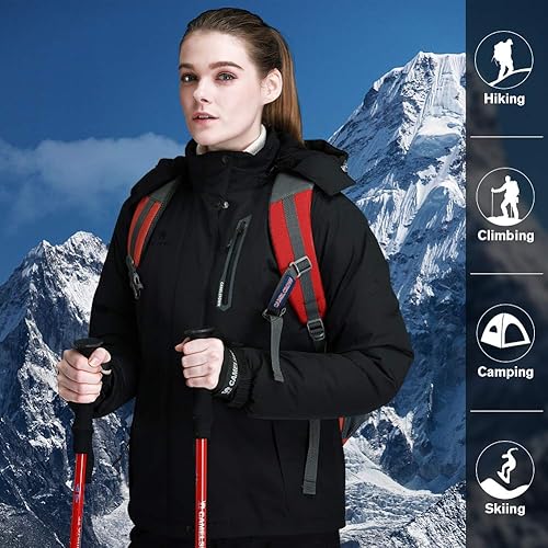 Miniatura 4 de CAMEL CROWN Chaqueta de esquí impermeable de montaña para mujer, capucha desmontable, resistente al viento, forro polar, chaqueta de lluvia, abrigo