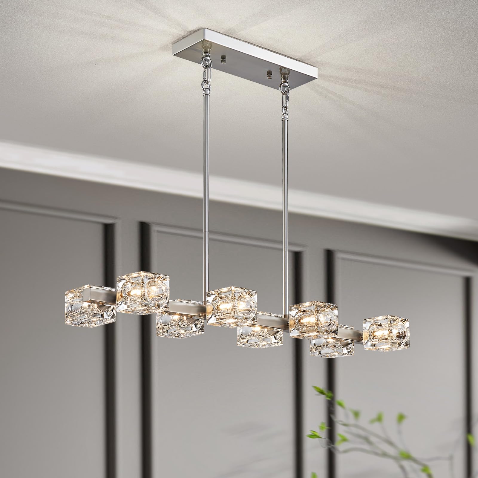 XINGQI Rectangular Chandeliers for Dining Room 8-Lights, Brushed Nickel Kitchen Island Light Fixture Modern Chandelier with Glass Lampshade Sputnik Chandeliers for Living Room