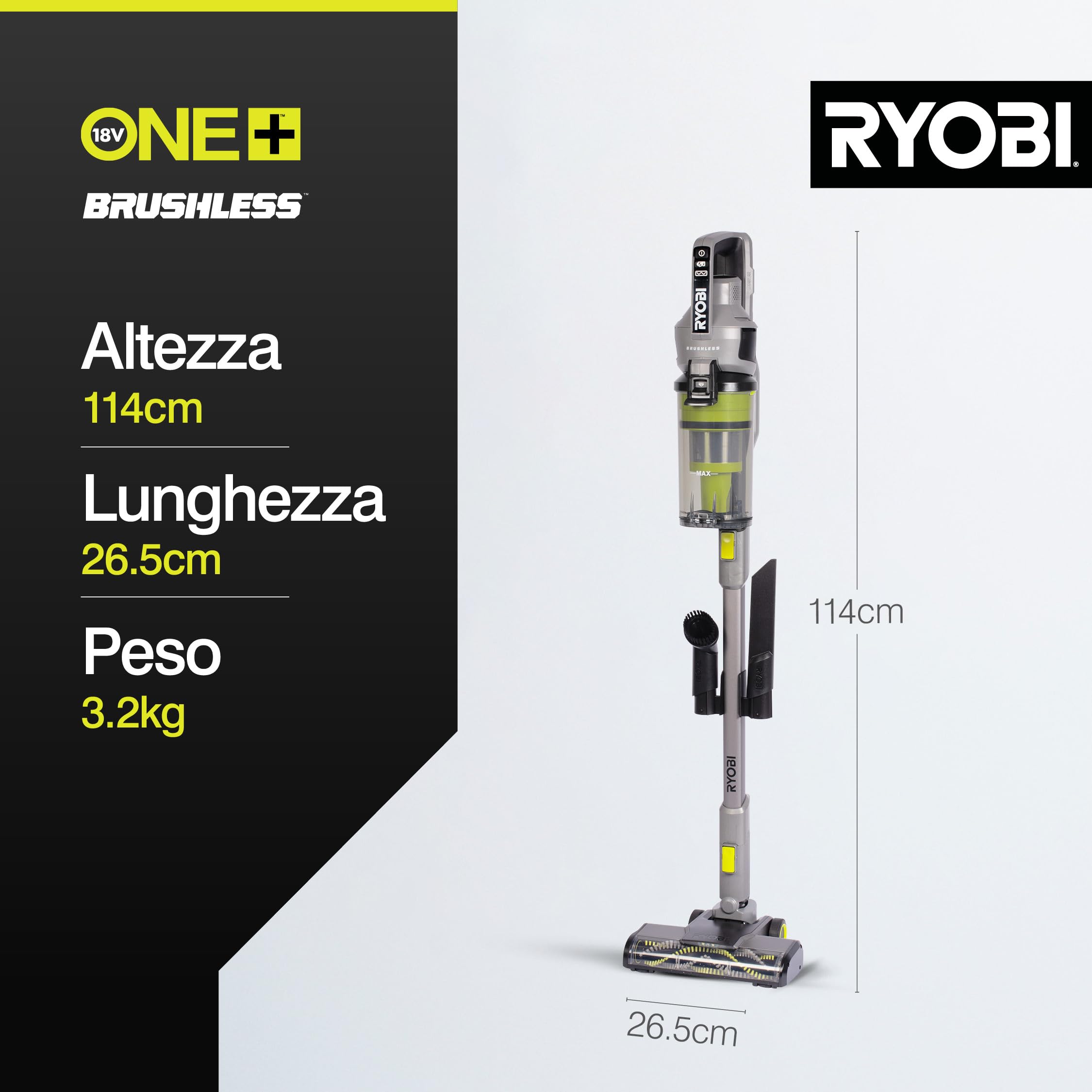 RYOBI Aspirapolvere Brushless Senza Fili a Batteria 18V ONE+ con Spazzola Motorizzata 26,5 cm, Batteria 4.0 Ah e Caricabatterie – Pulizia Profonda di Tappeti e Pavimenti, RSVS18BL-1C40G