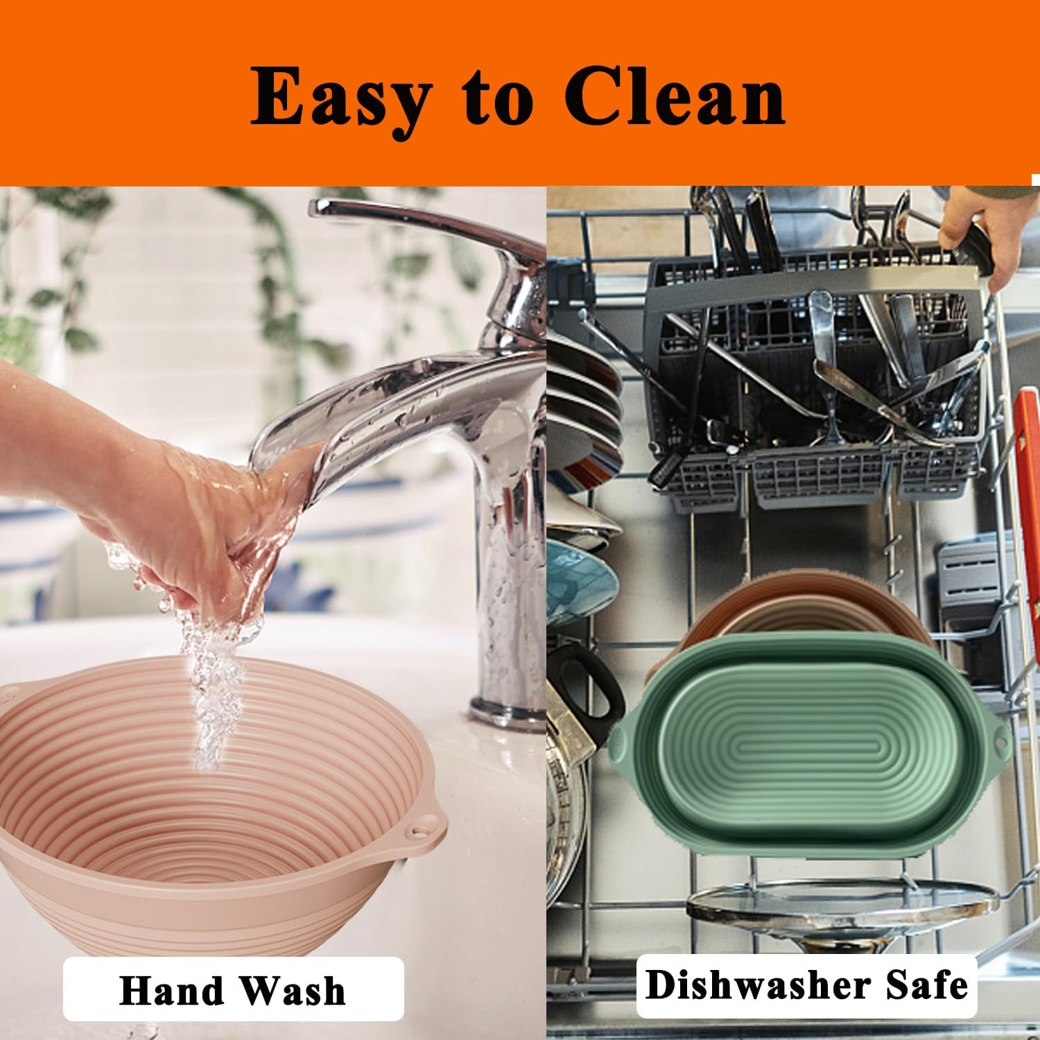 Silicone Banneton Basket,9-10 inch Silicone Bread Proofing Basket,2 Pack Sourdough Baking Supplies Collapsible Proofing Bowl for Home Baking & Beginners making (Round Pink+Oval Green) - Image 4