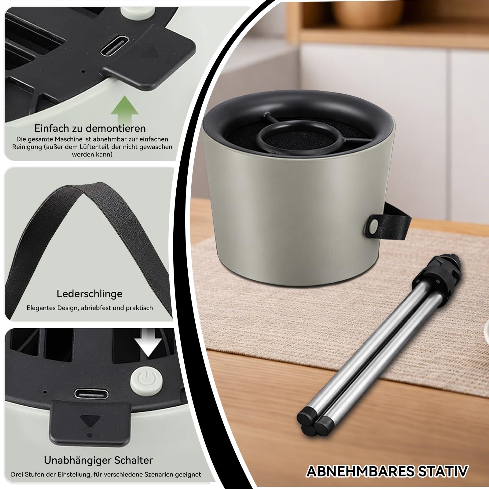 Mobile Dunstabzugshaube ohne Installation, tragbare Mini Abzugshaube mit abnehmbarem Stativ & Aufhängeseil, 3-stufig leise, ideal für Wohnung, RV, Camping, Outdoor, platzsparendes Küchenzubehör