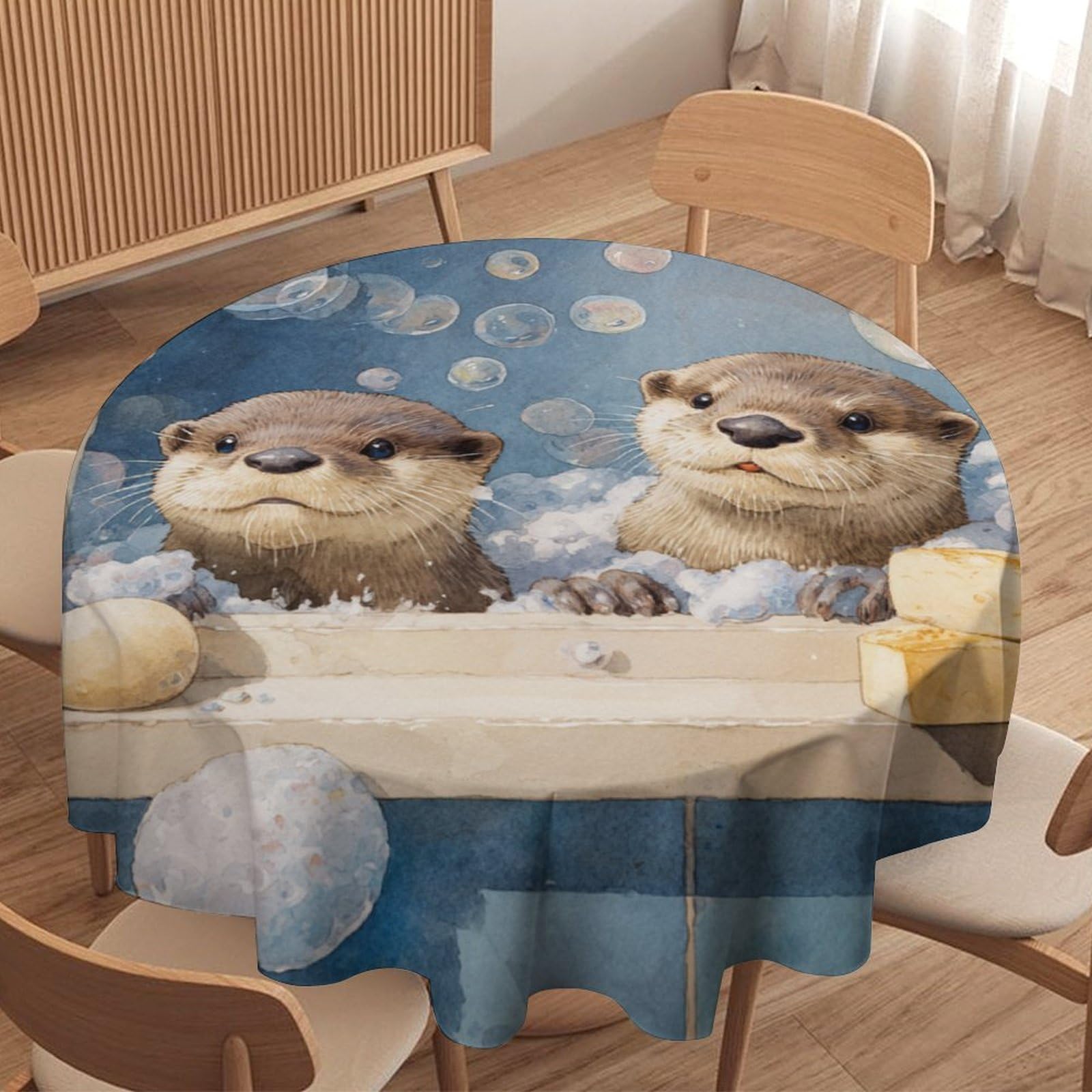 LUYYSKY Cute Cartoon Otters Round Tablecloth Realistic Watercolor Bathroom Art Animal Otters Pattern Washable Decor for Table Cover for Kitchen-177.8" Wx177.8 L cm