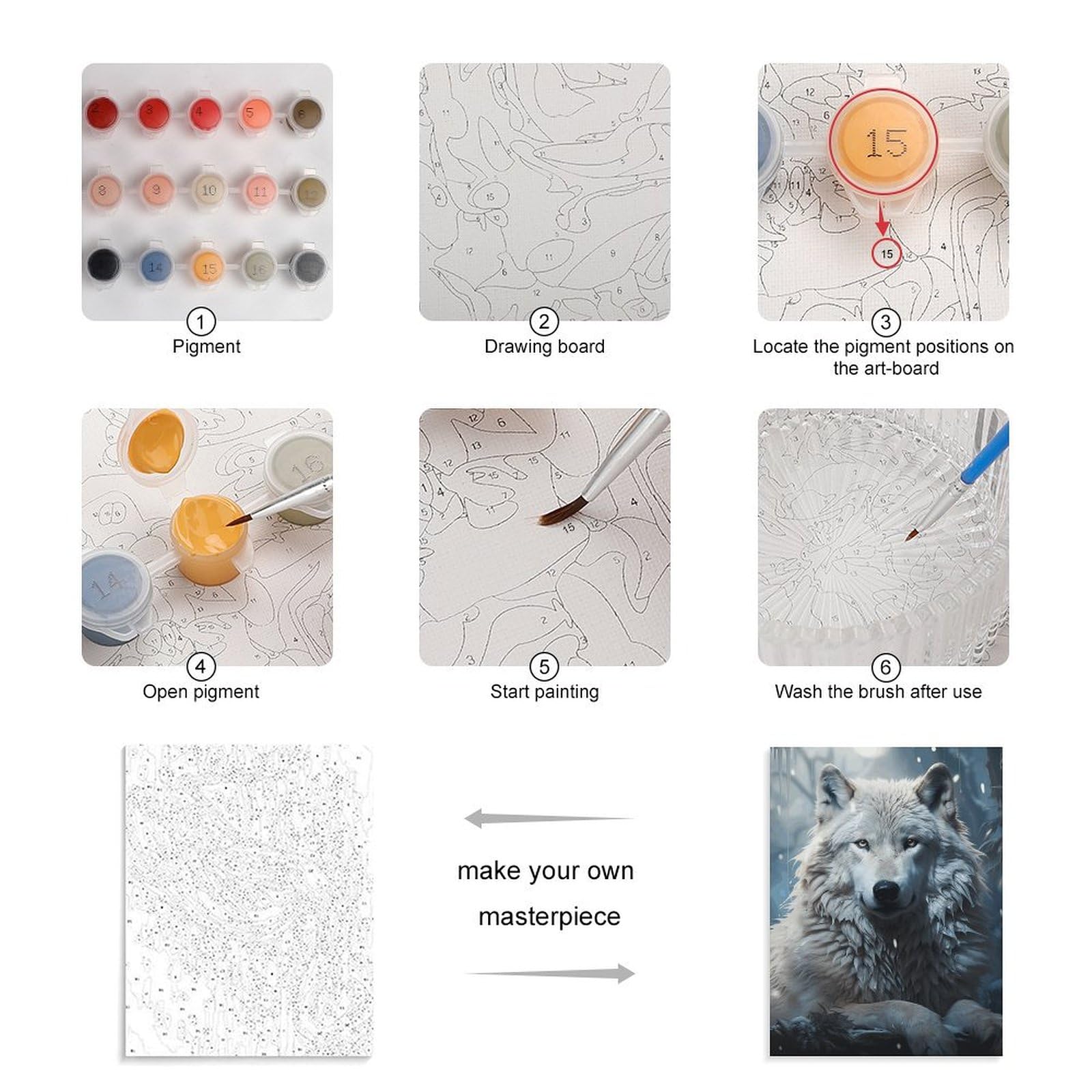 TKJMCSW Malen nach Zahlen, Motiv: Wolf im Schnee, Malen-nach-Zahlen-Set für Erwachsene, Anfänger, Erwachsene, Malen-nach-Zahlen-Set auf Leinwand, DIY-Acryl-Ölfarben, Gemälde mit Pinseln als Geschenk
