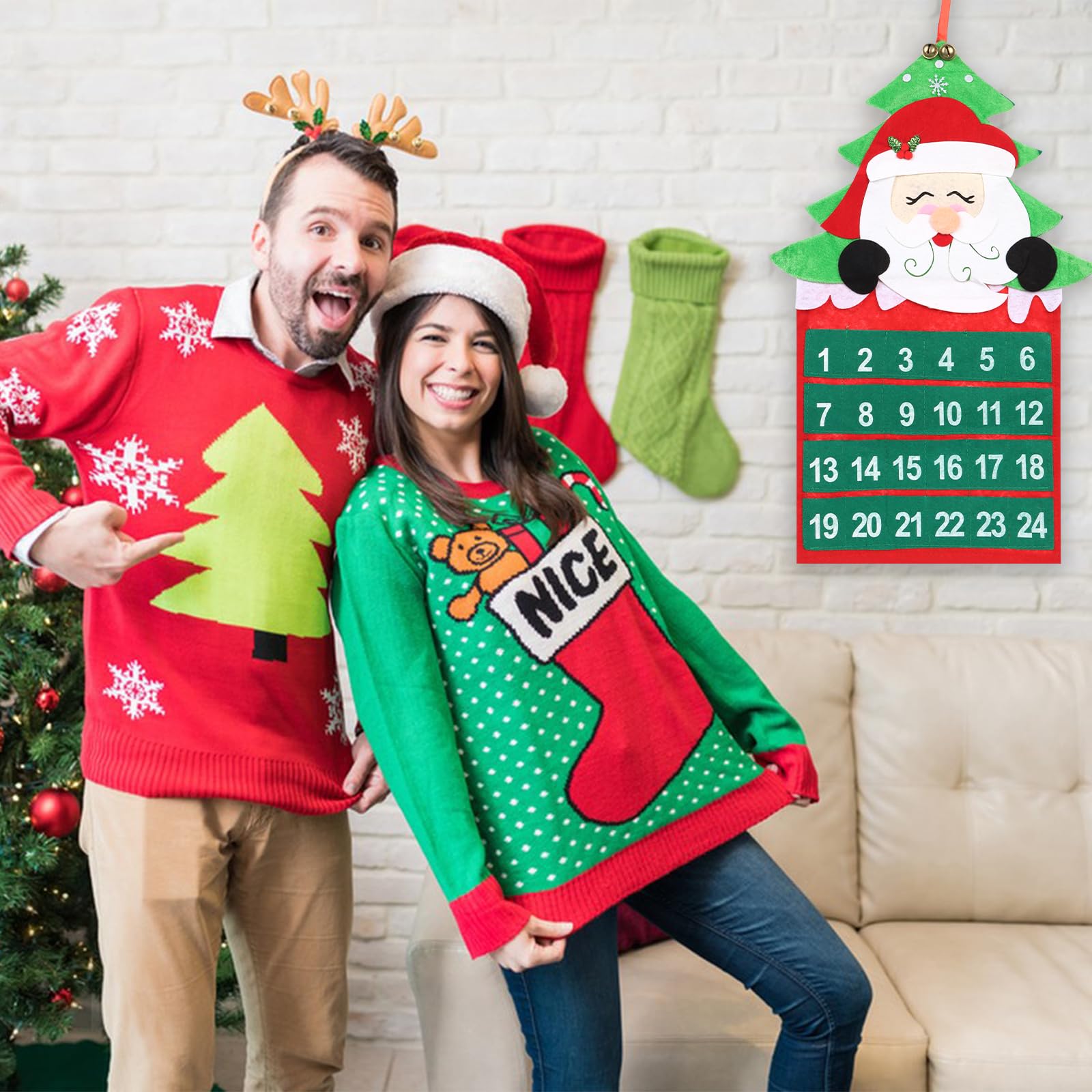 Calendario dell'Avvento per Natale, Natale, calendario dell'Avvento in feltro, con tasche da 24 giorni, può essere decorato liberamente, calendario natalizio fai da te, conto alla rovescia di Natale,