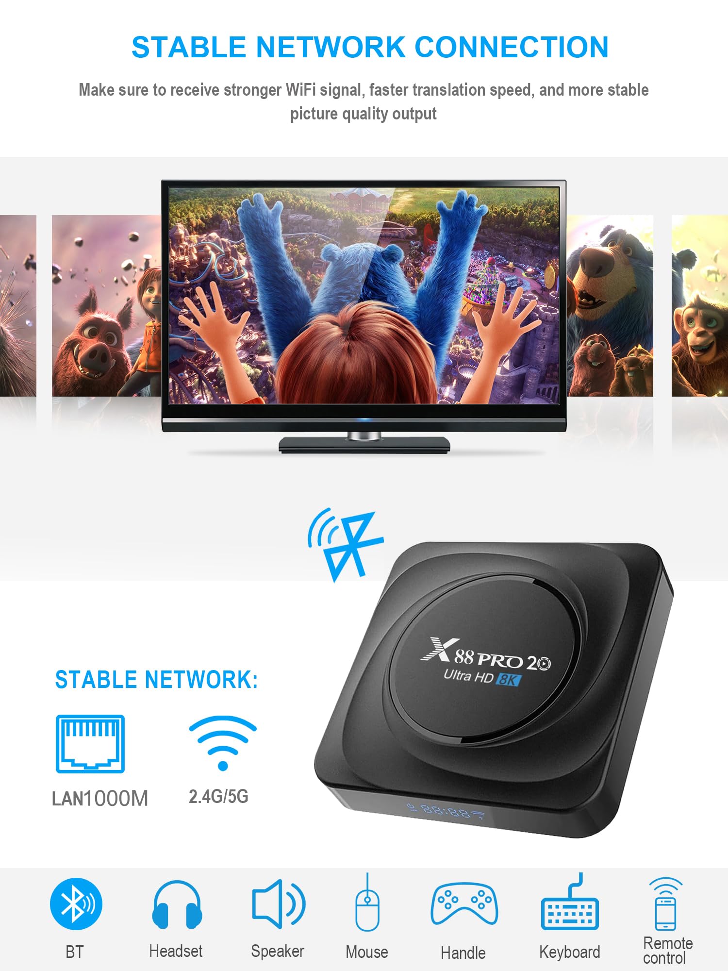RUPA TV Box Android 11.0 8Go RAM 64Go ROM RK3566 Quad-Core Cortex-A53 CPU Supporte Cast Screen 2.4G/5.8G WiFi BT 4.0 USB 3.0 LAN 1000M Ethernet 3D 8K HD 2025 Smart TV Box Android