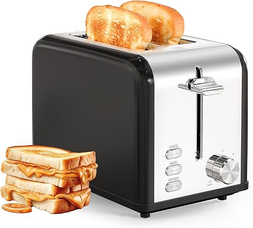 Miniatura 12 de YSSOA Tostadora de 2 rebanadas con ranura extra ancha y bandeja extraíble para migas, 5 ajustes de tostado y 3 funciones: Negro -,Plateado,Rojo