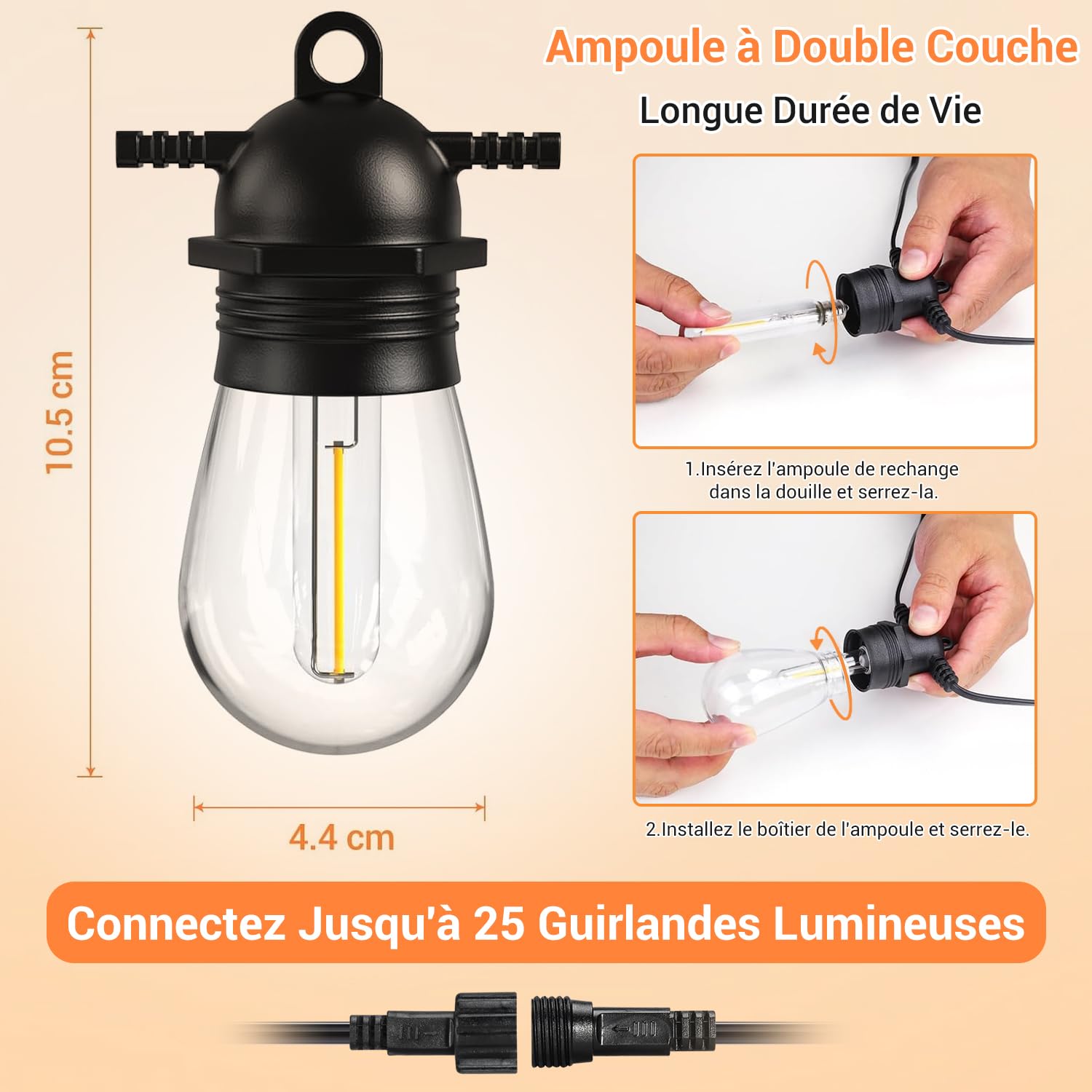 Quntis IP65 Guirlande Guinguette Extérieure Etanche Connectable 16M 15 Ampoules S14 LED Blanc Chaud