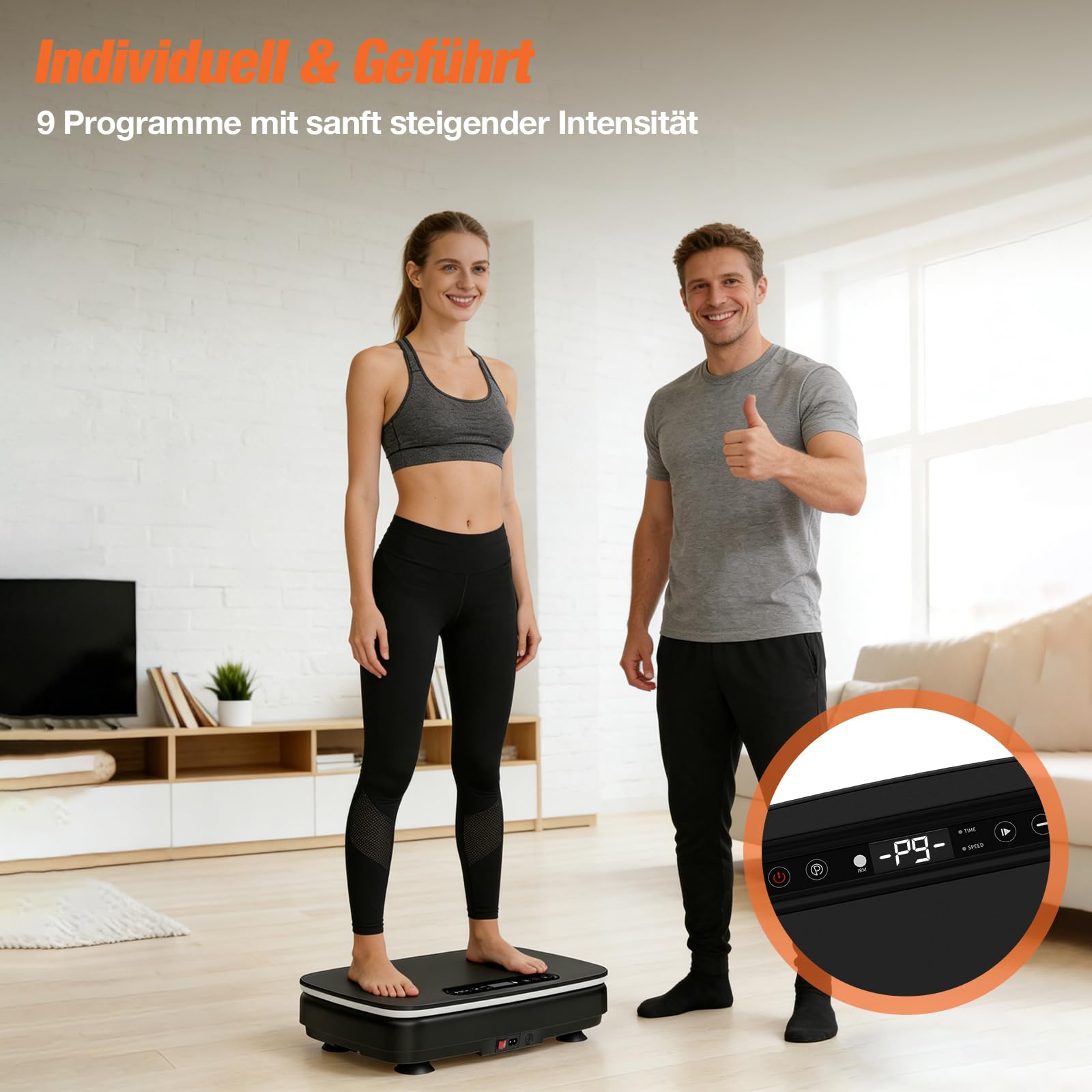 DH FitLife Vibrationsplatte für Zuhause | Rüttelplatte 0–99 Stufen mit Timer | 9 Auto-Programme | leise Schwingplatte mit Saugnäpfen | Stimmungslicht & Bluetooth Sprecher | inkl. Zugbänder | 150kg