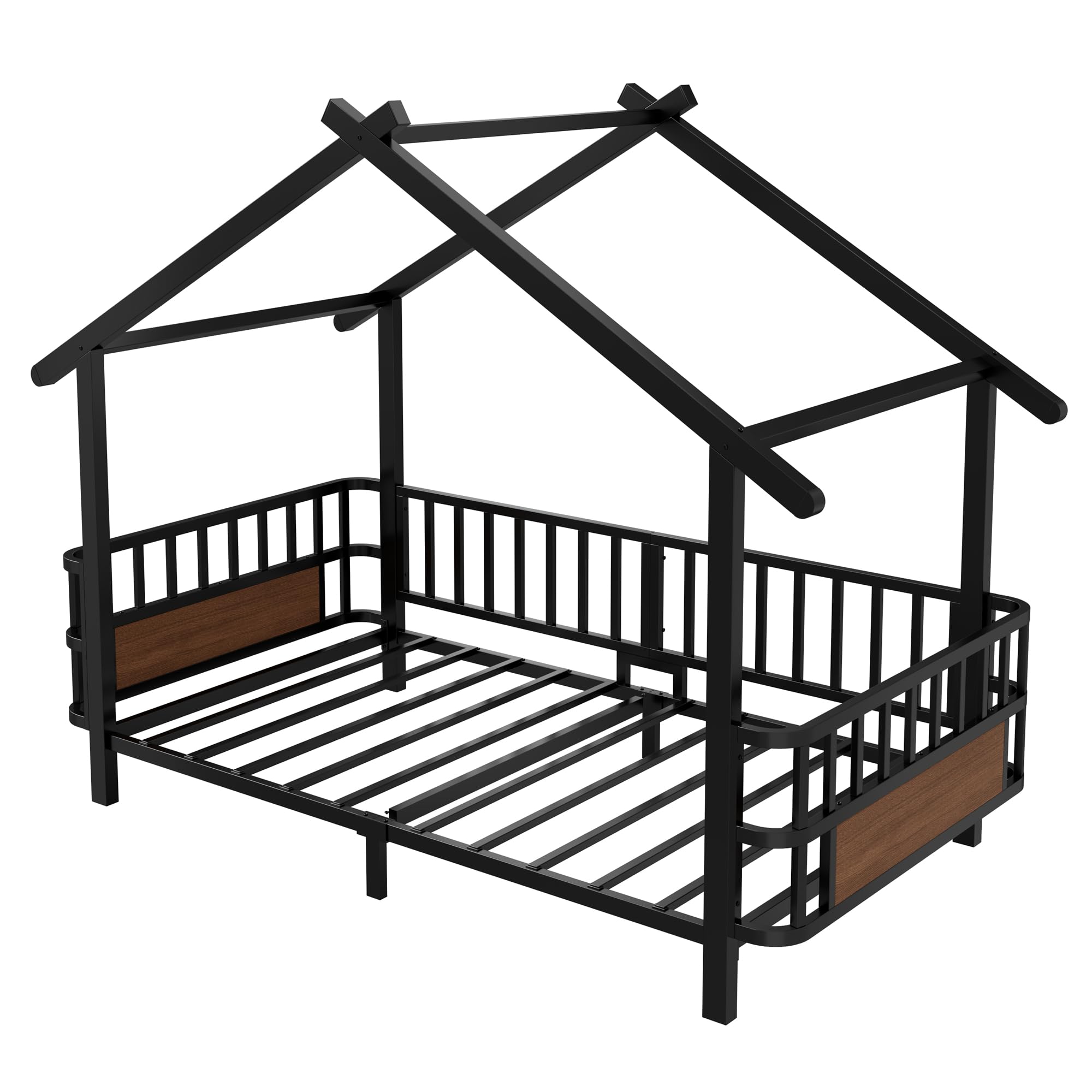 Merax Kinderbett aus Metall in Hausform 90x200 cm mit Sicherheitsgitter & Dachdesign – Schwarz (Ohne Matratze)